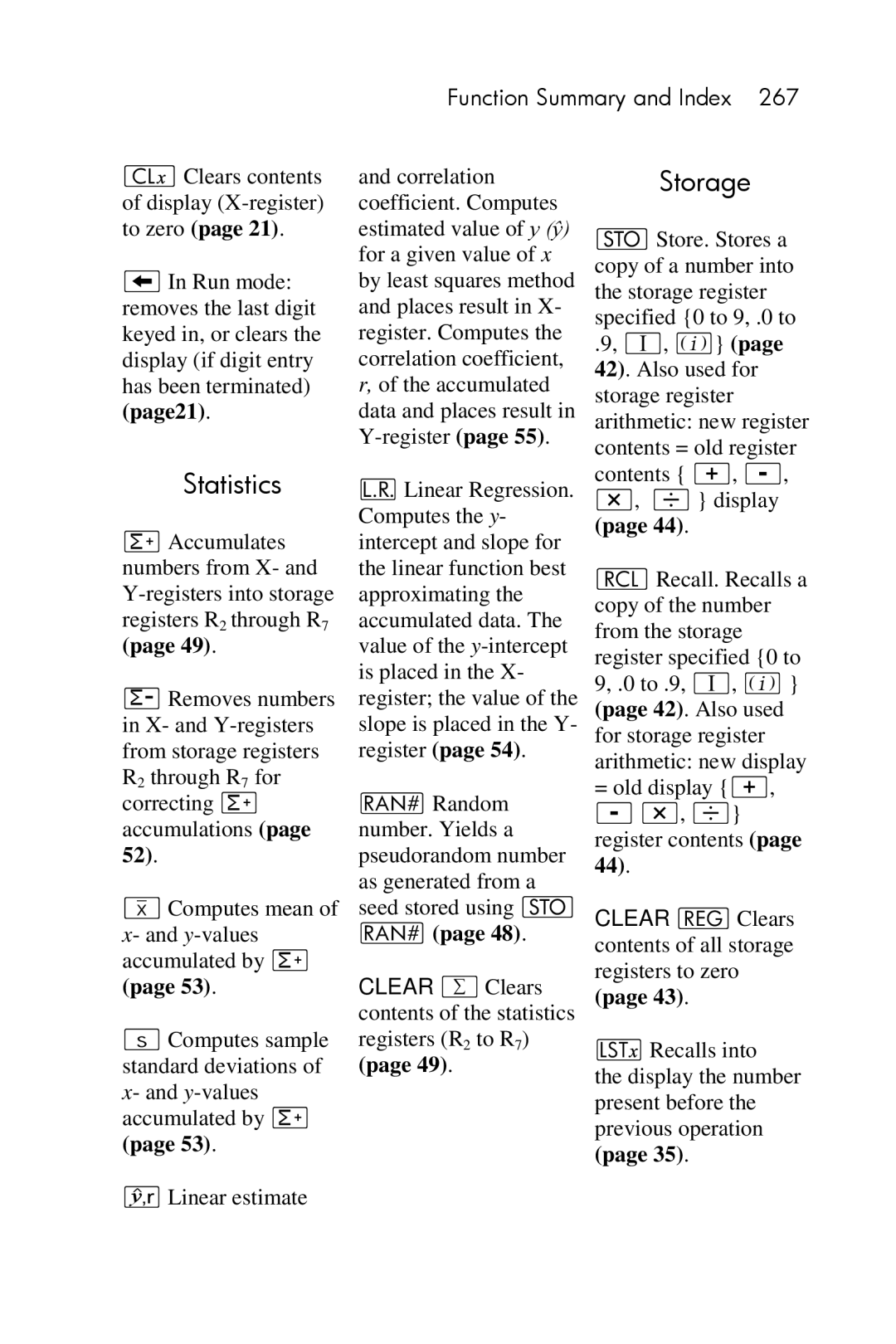 HP 15c Scientific manual Statistics, Storage 