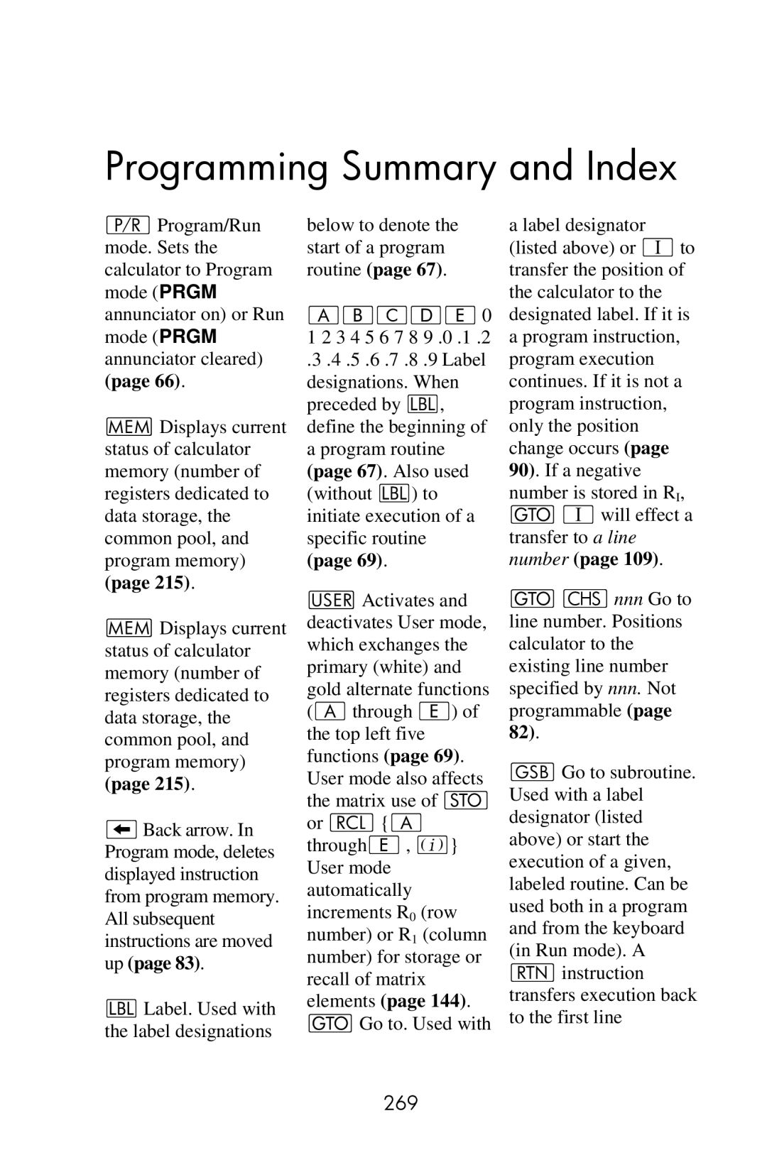 HP 15c Scientific manual Programming Summary and Index, 269 