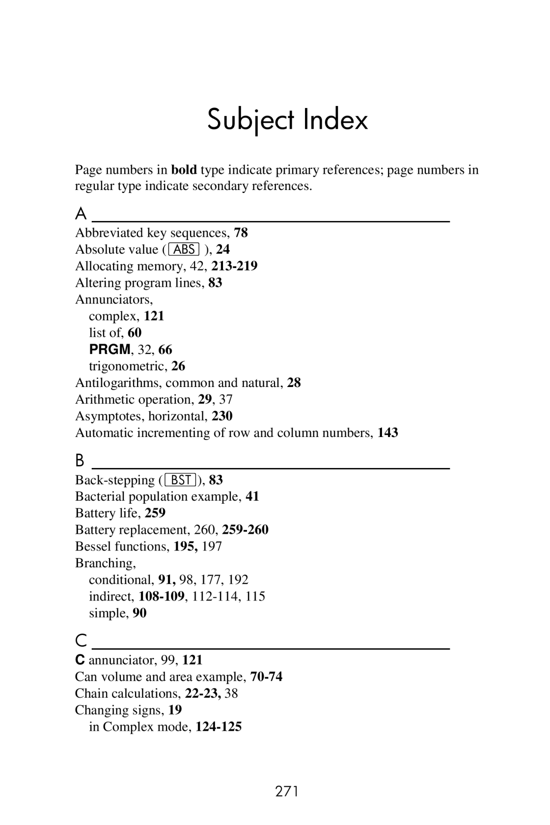 HP 15c Scientific manual Subject Index, 271 