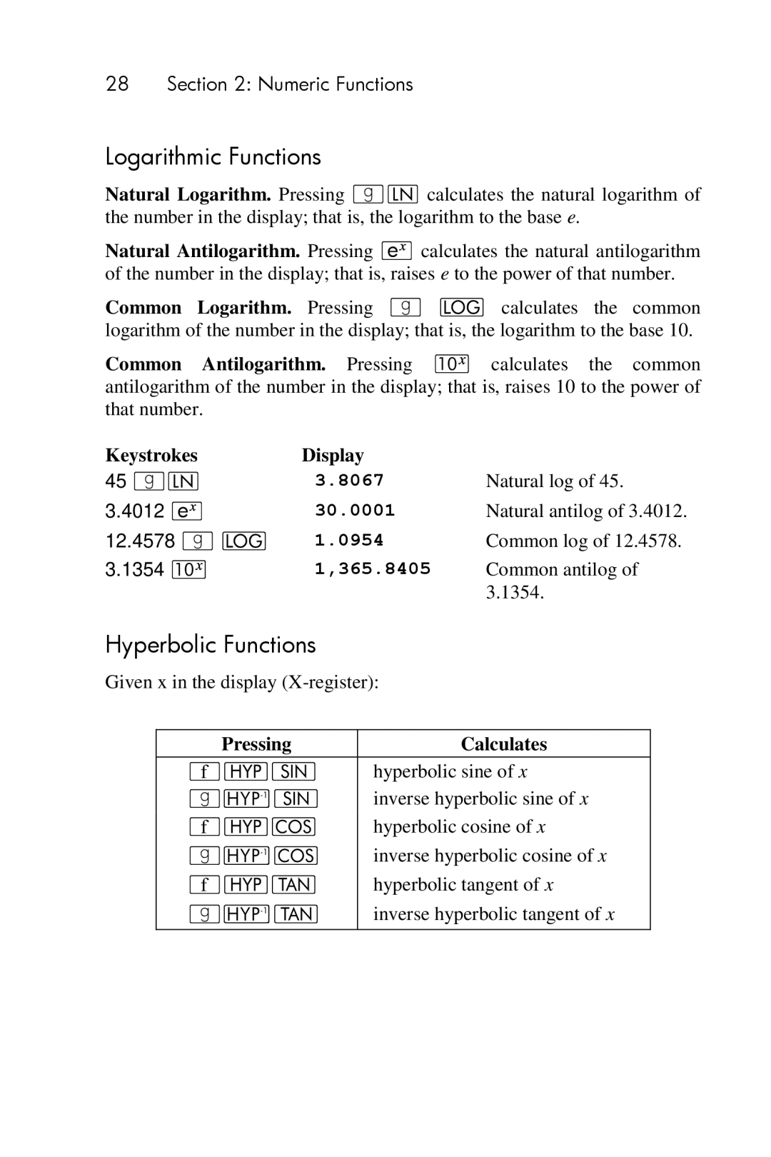 HP 15c Scientific manual Logarithmic Functions, Hyperbolic Functions 