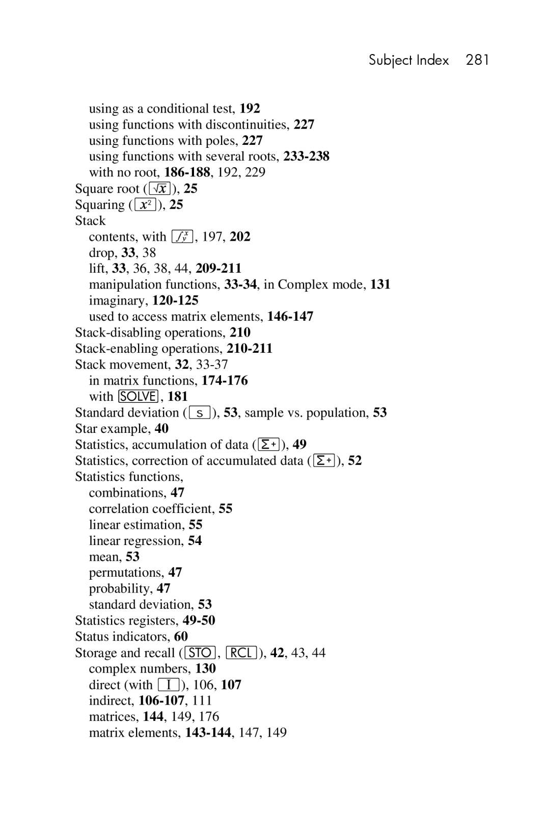 HP 15c Scientific manual Subject Index 