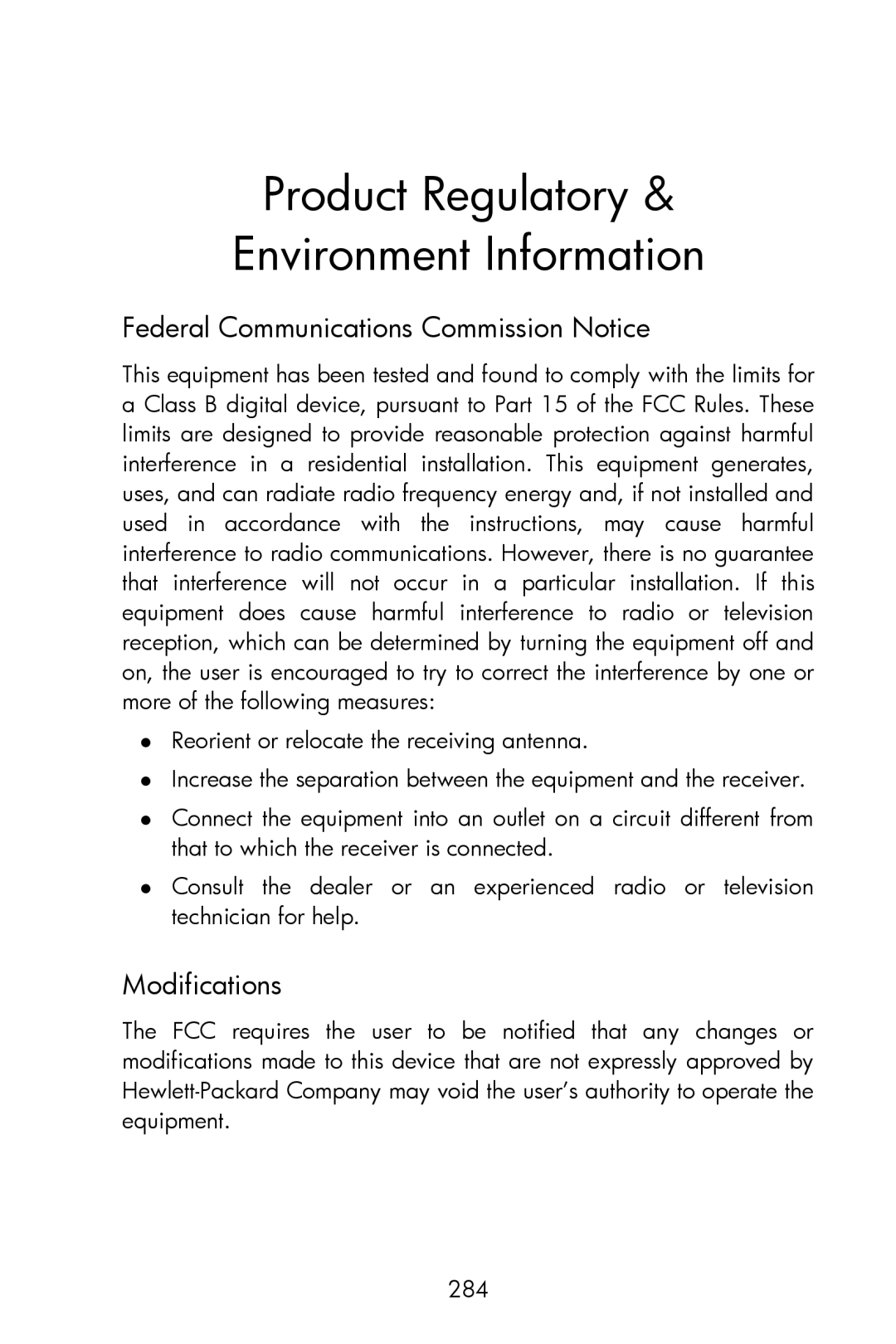 HP 15c Scientific Product Regulatory Environment Information, Federal Communications Commission Notice, Modifications 