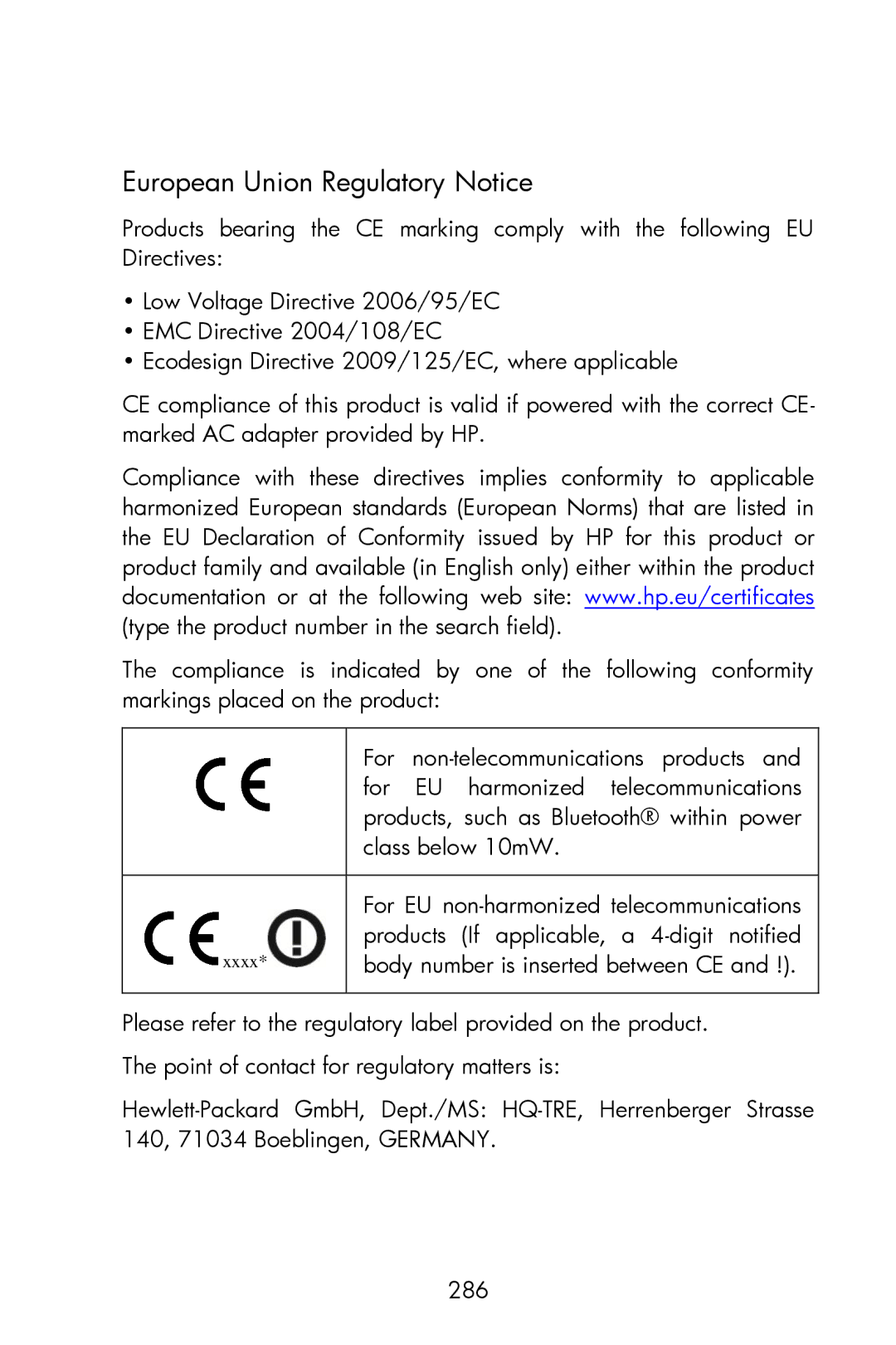 HP 15c Scientific manual European Union Regulatory Notice, Body number is inserted between CE 