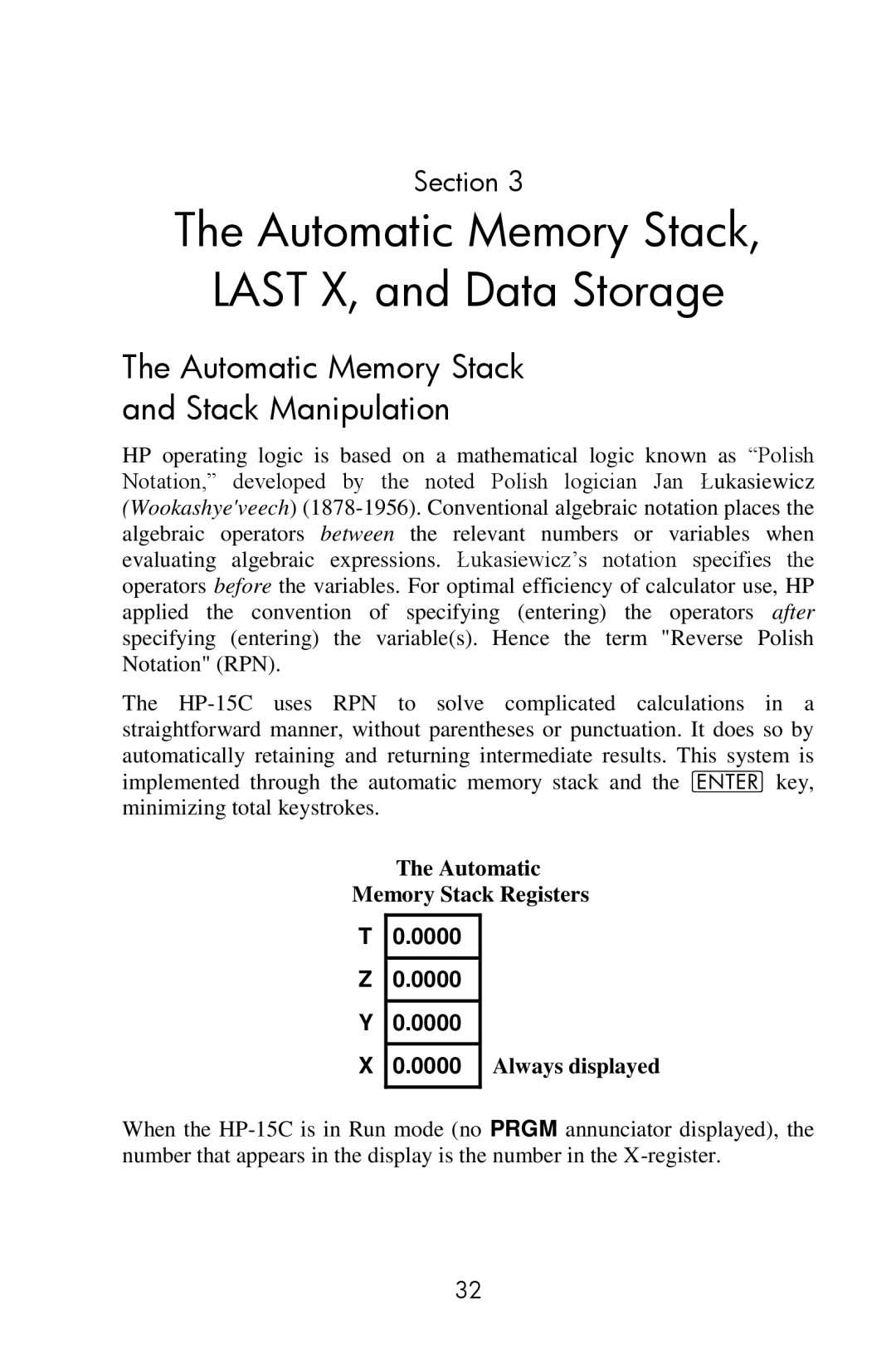 HP 15c Scientific manual Automatic Memory Stack Last X, and Data Storage, Automatic Memory Stack Stack Manipulation 