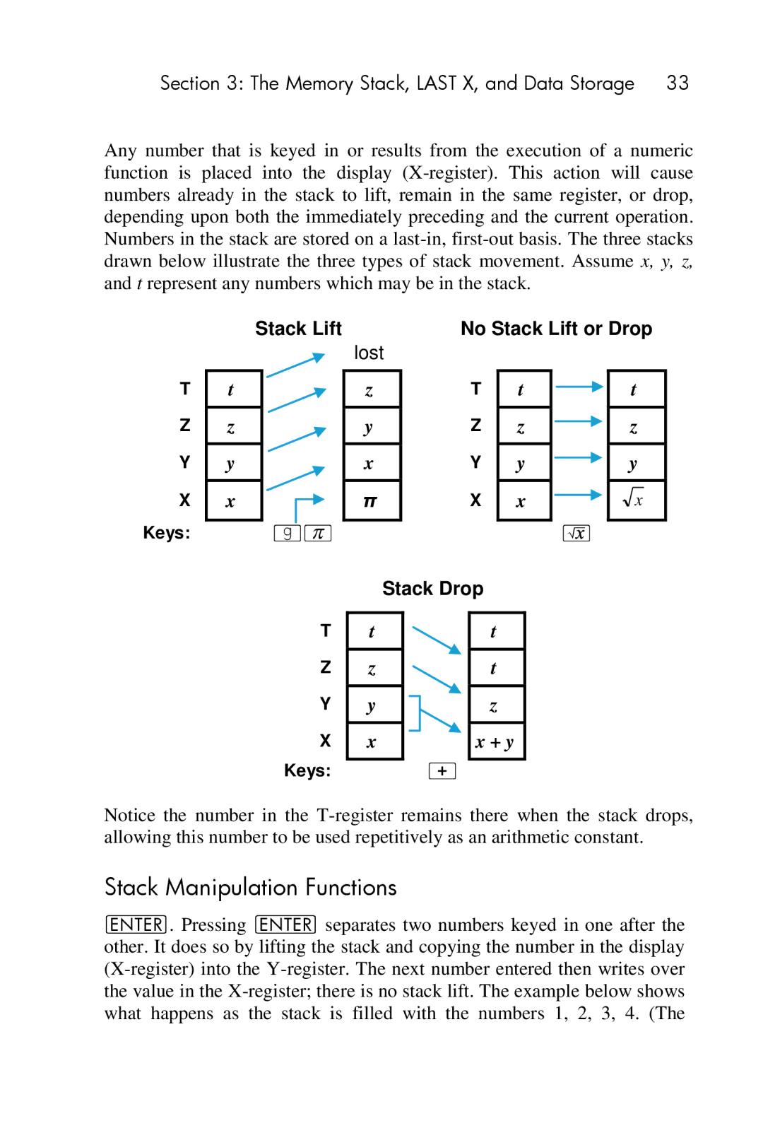 HP 15c Scientific manual Stack Manipulation Functions, Memory Stack, Last X, and Data Storage, Lost 