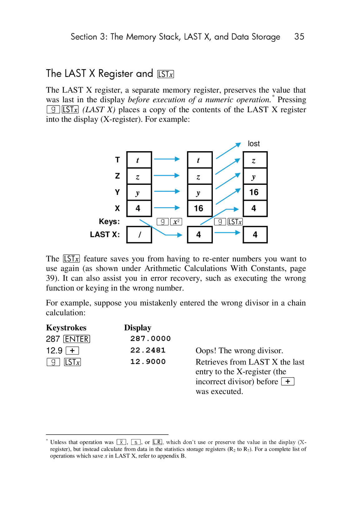 HP 15c Scientific manual Last X Register and K, 287.0000, 22.2481, 12.9000 