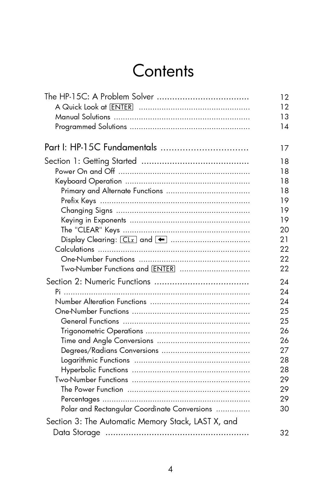 HP 15c Scientific manual Contents 