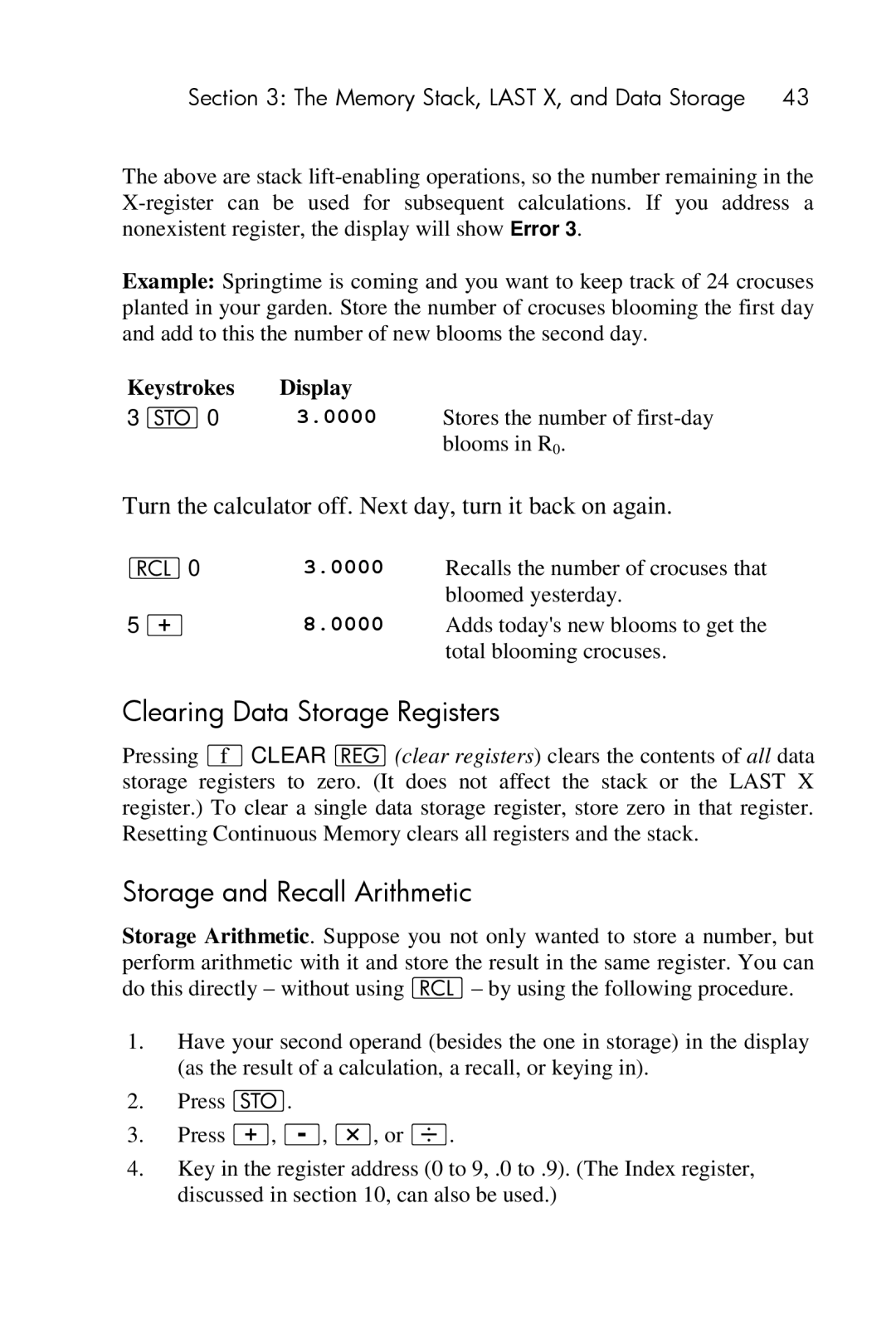 HP 15c Scientific manual Clearing Data Storage Registers, Storage and Recall Arithmetic 