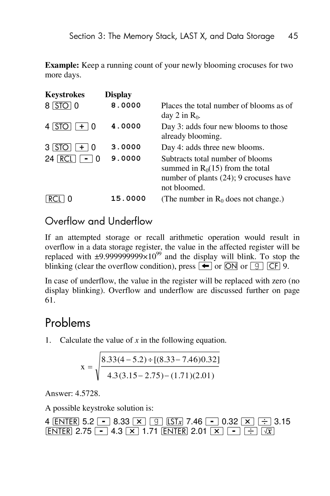 HP 15c Scientific manual Problems, Overflow and Underflow, 24 l-0, 15.0000 