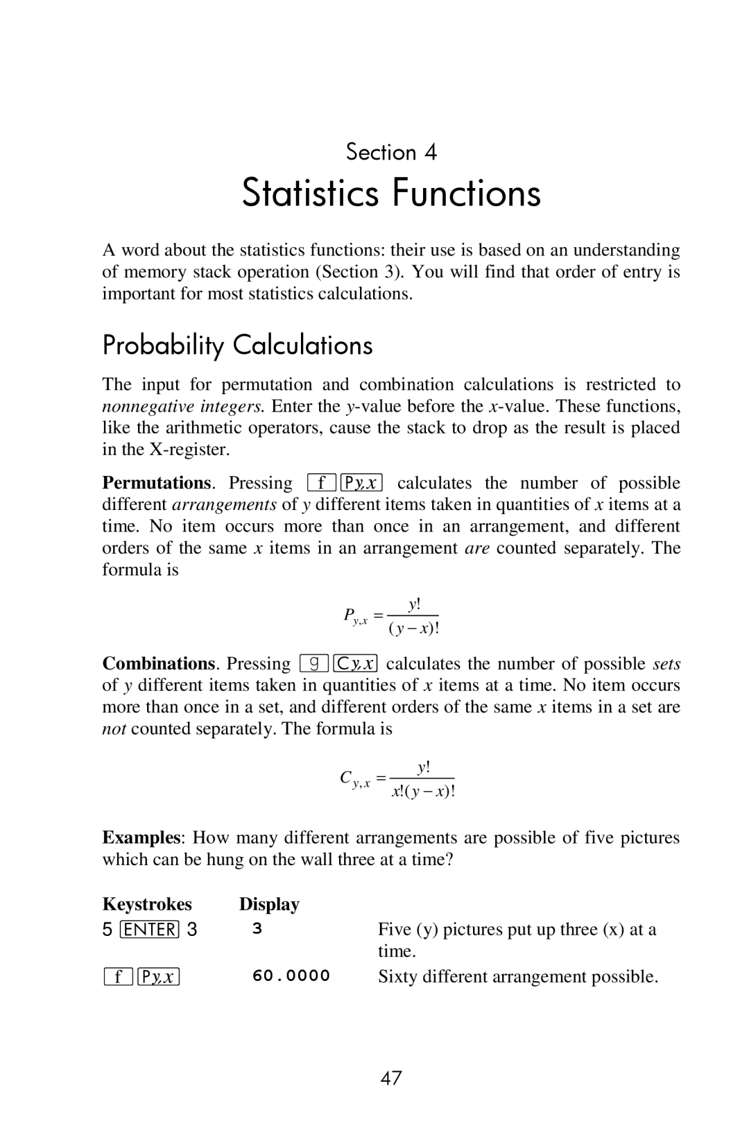 HP 15c Scientific manual Statistics Functions, Probability Calculations, 60.0000 