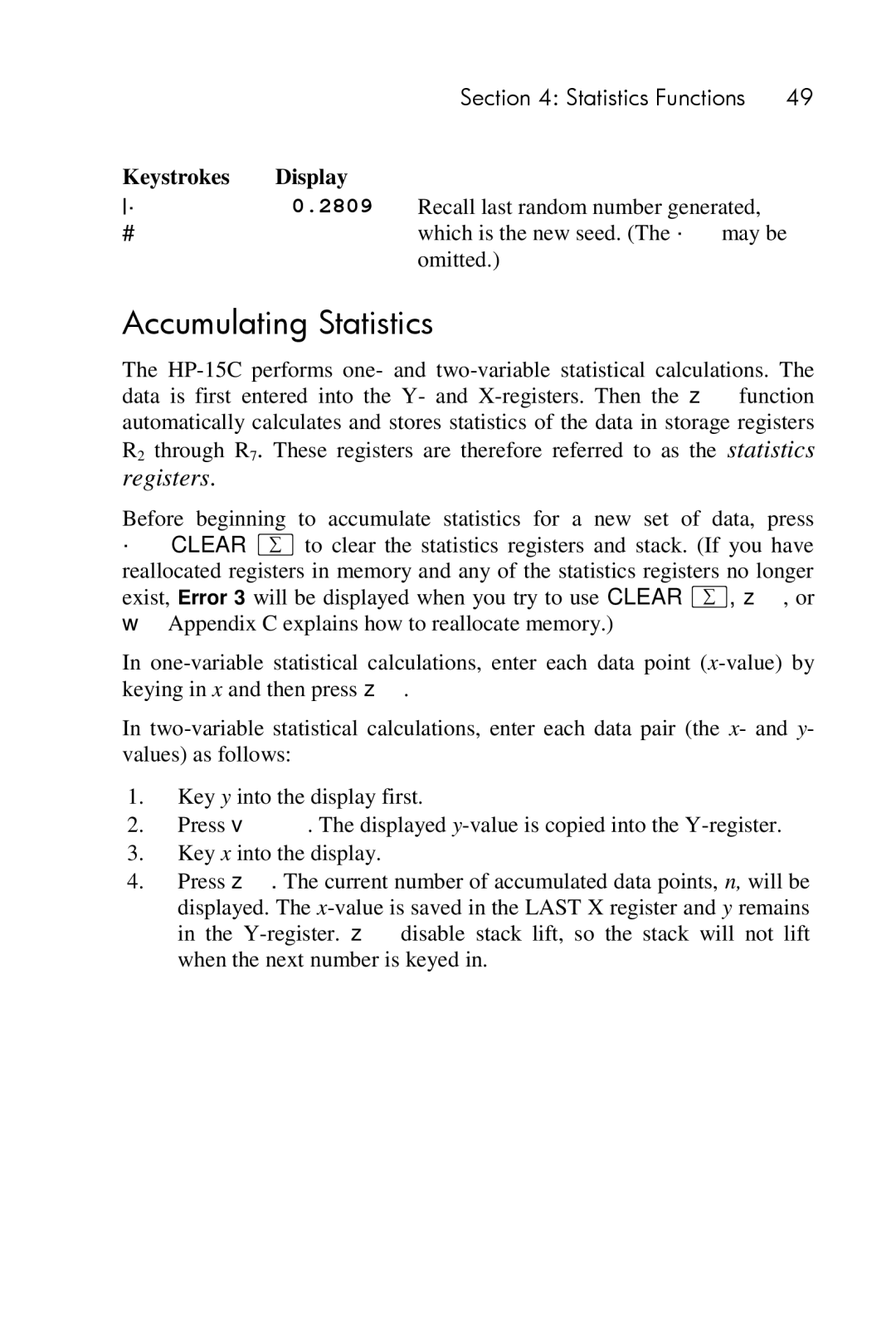 HP 15c Scientific manual Accumulating Statistics, Registers 