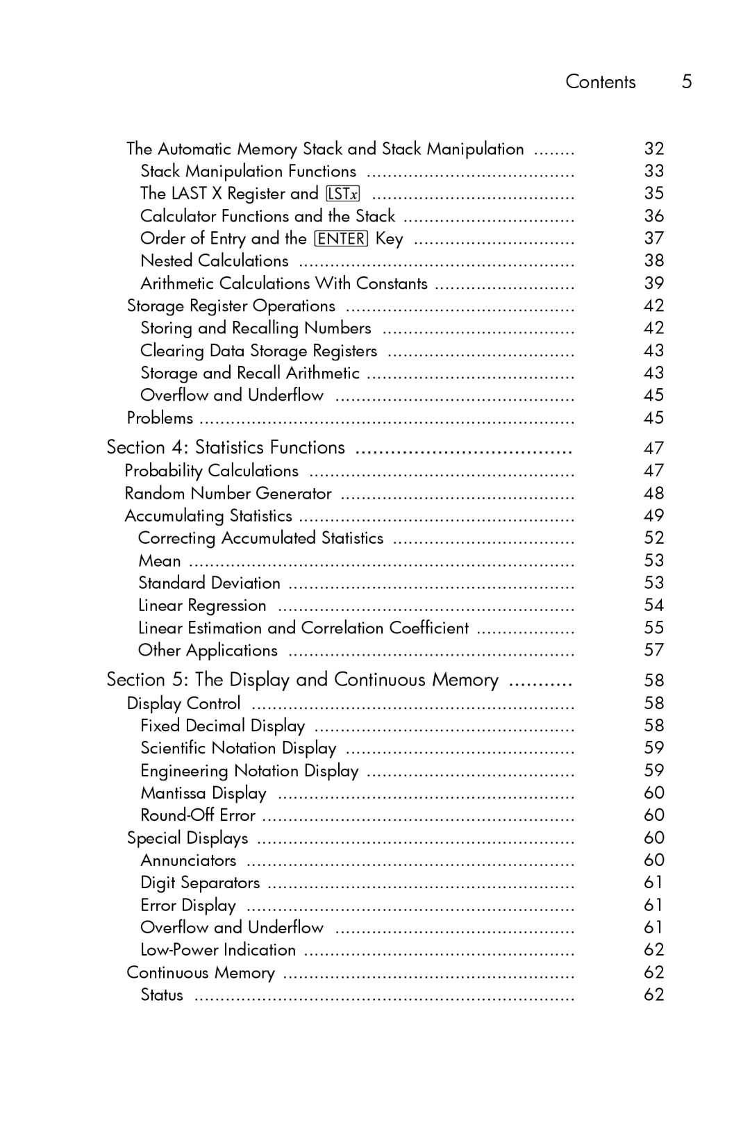 HP 15c Scientific manual Contents, Display and Continuous Memory 