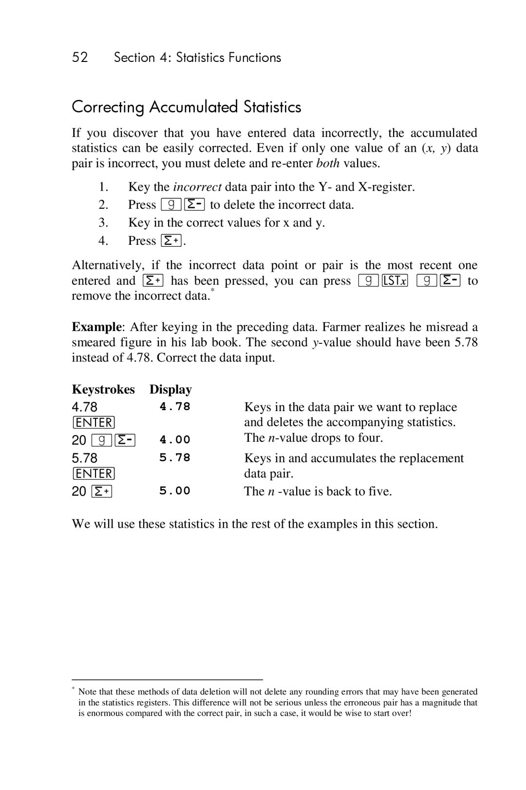 HP 15c Scientific manual Correcting Accumulated Statistics, 20 w 20 z 