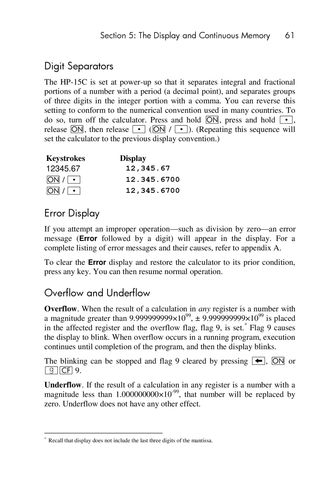 HP 15c Scientific manual Digit Separators, Error Display, 12.345.6700, 12,345.6700 