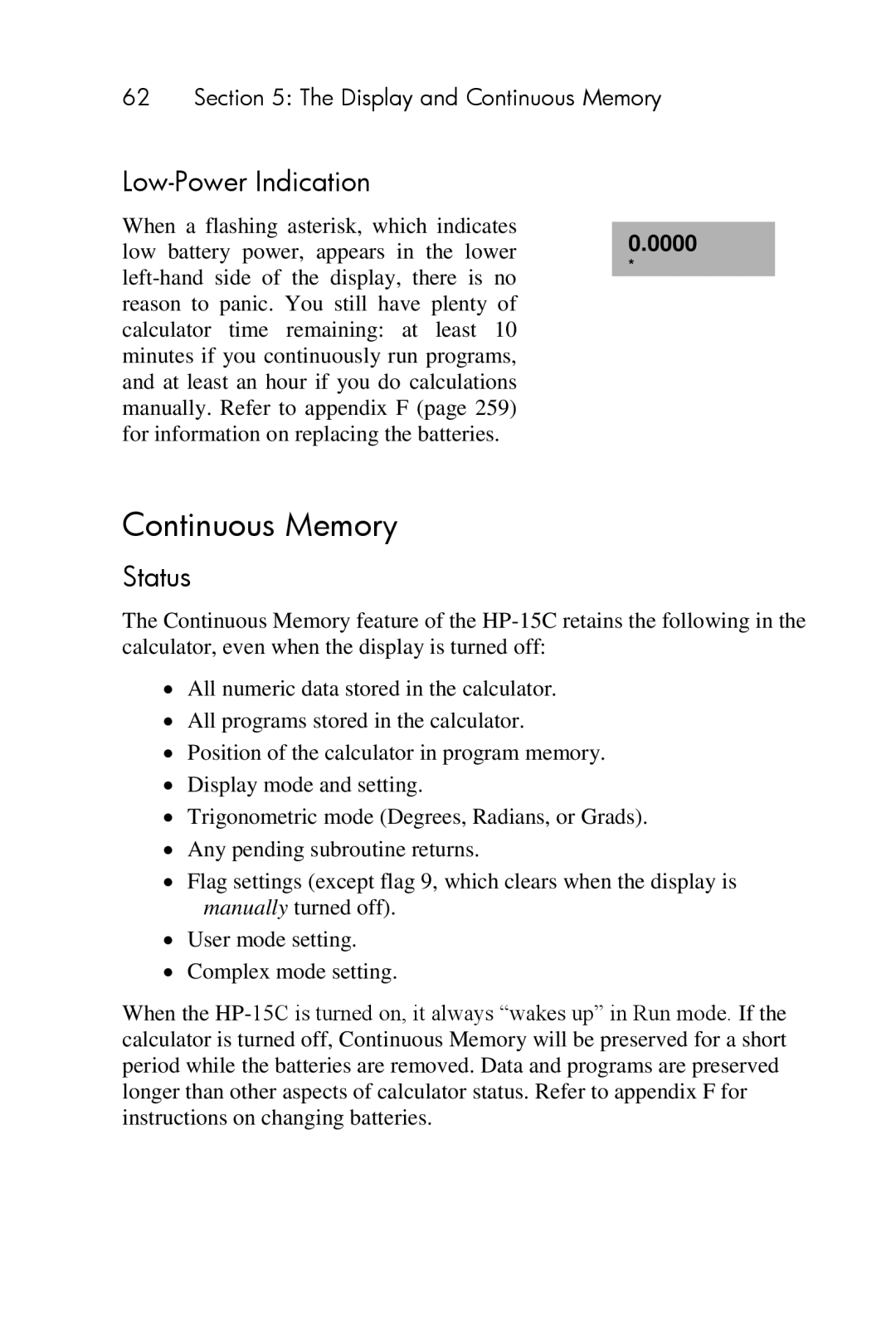 HP 15c Scientific manual Continuous Memory, Low-Power Indication, Status 