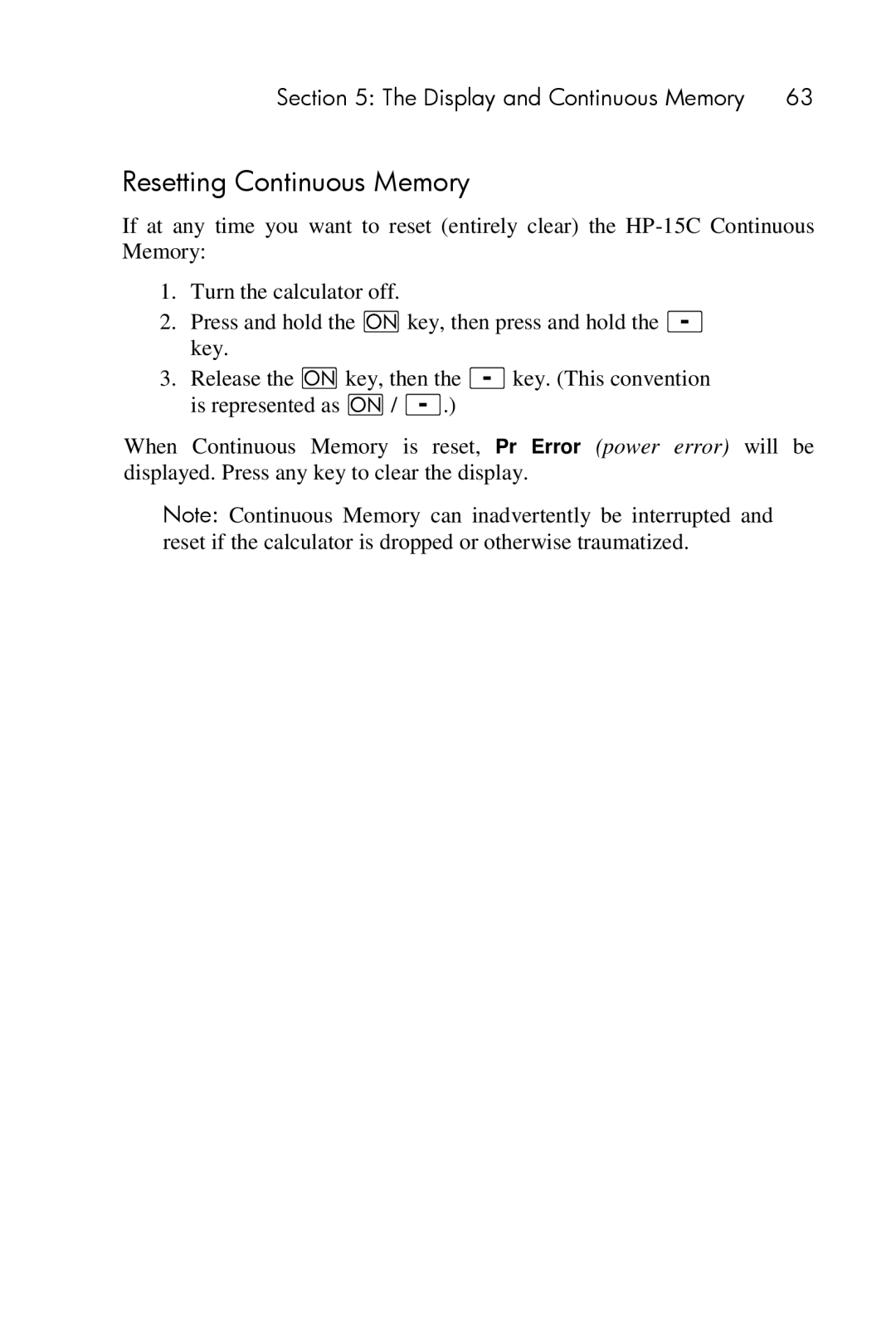 HP 15c Scientific manual Resetting Continuous Memory 