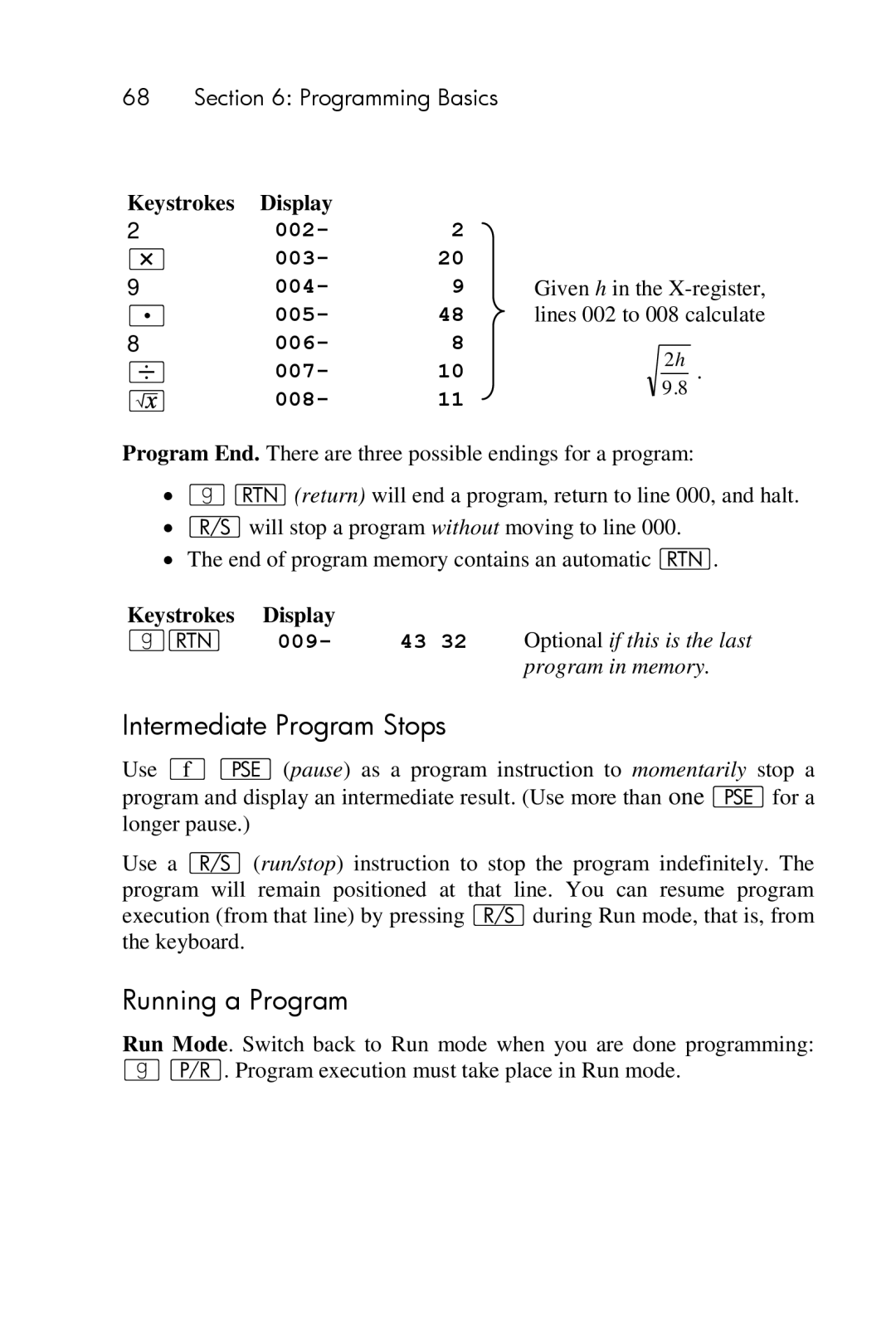 HP 15c Scientific manual Intermediate Program Stops, Running a Program, 002 003 004 005 006 007 008 