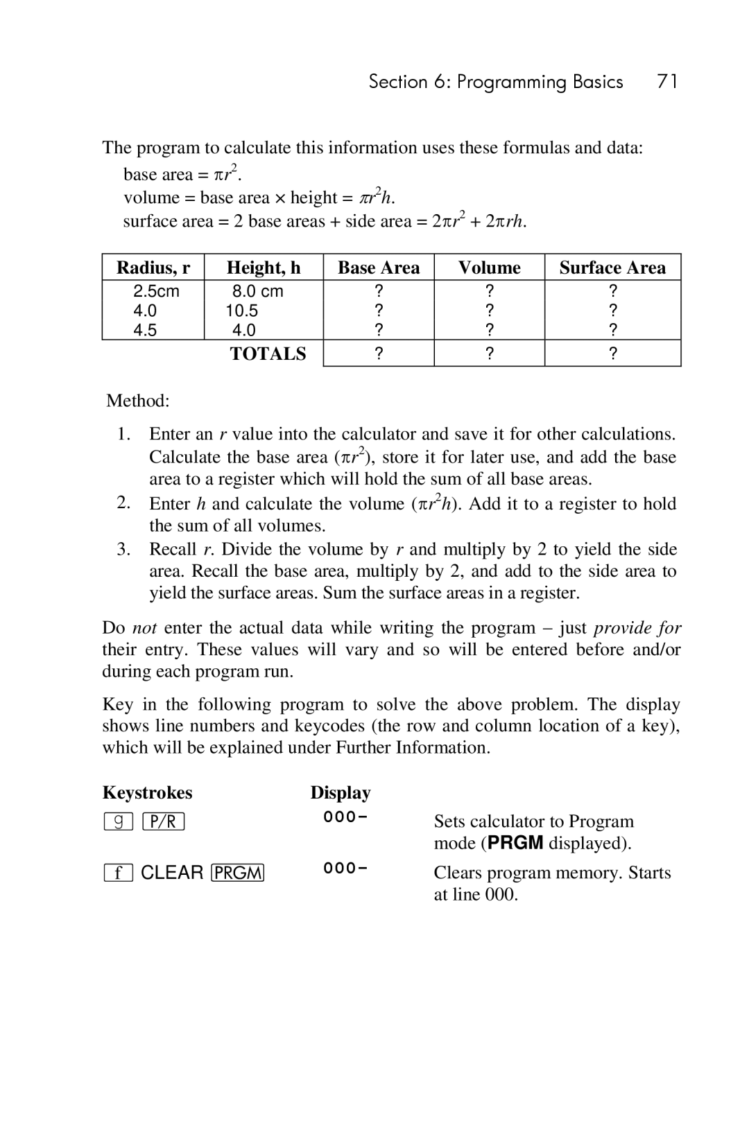 HP 15c Scientific manual Radius, r Height, h Base Area Volume Surface Area, Totals 