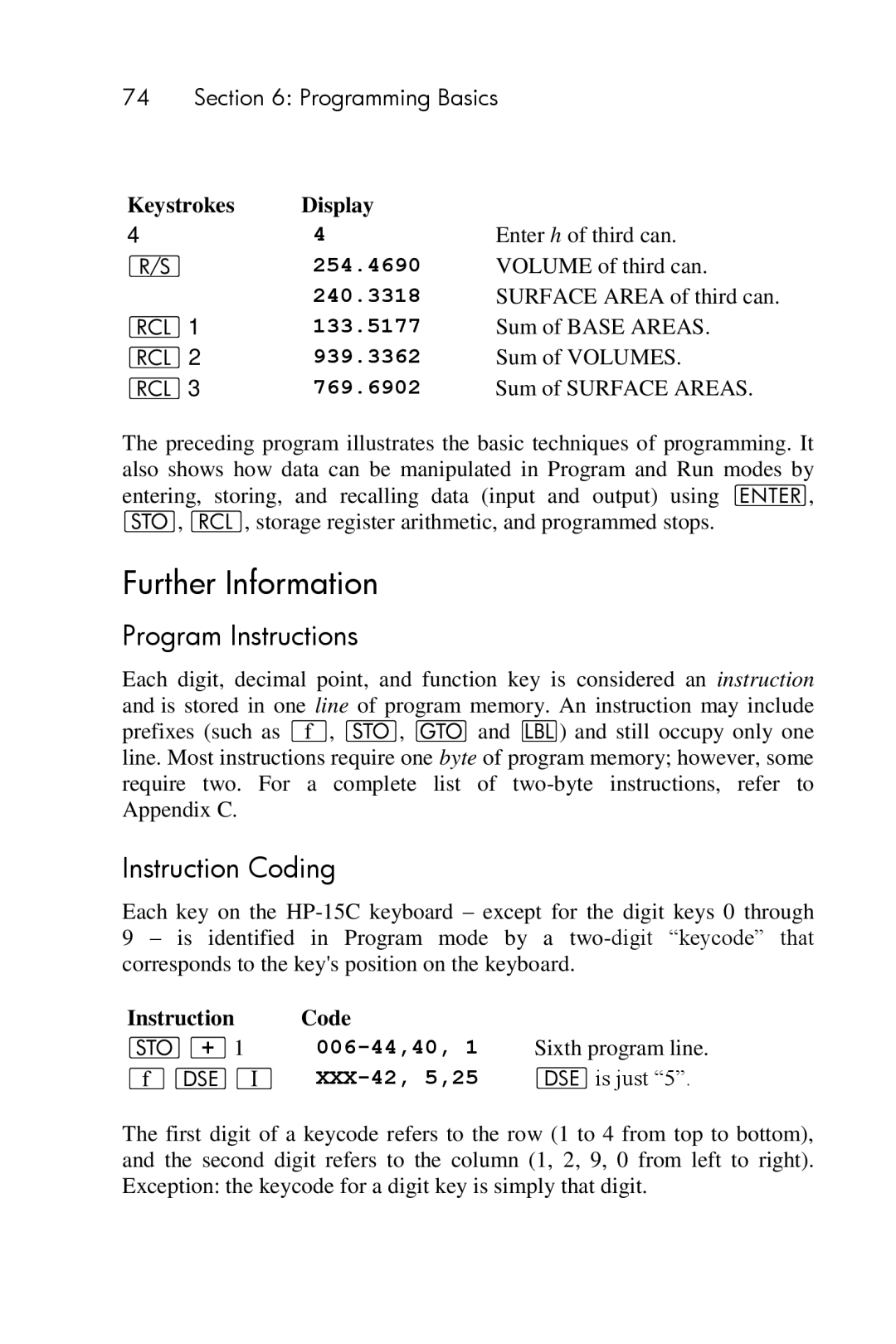 HP 15c Scientific manual Further Information, Program Instructions, Instruction Coding 