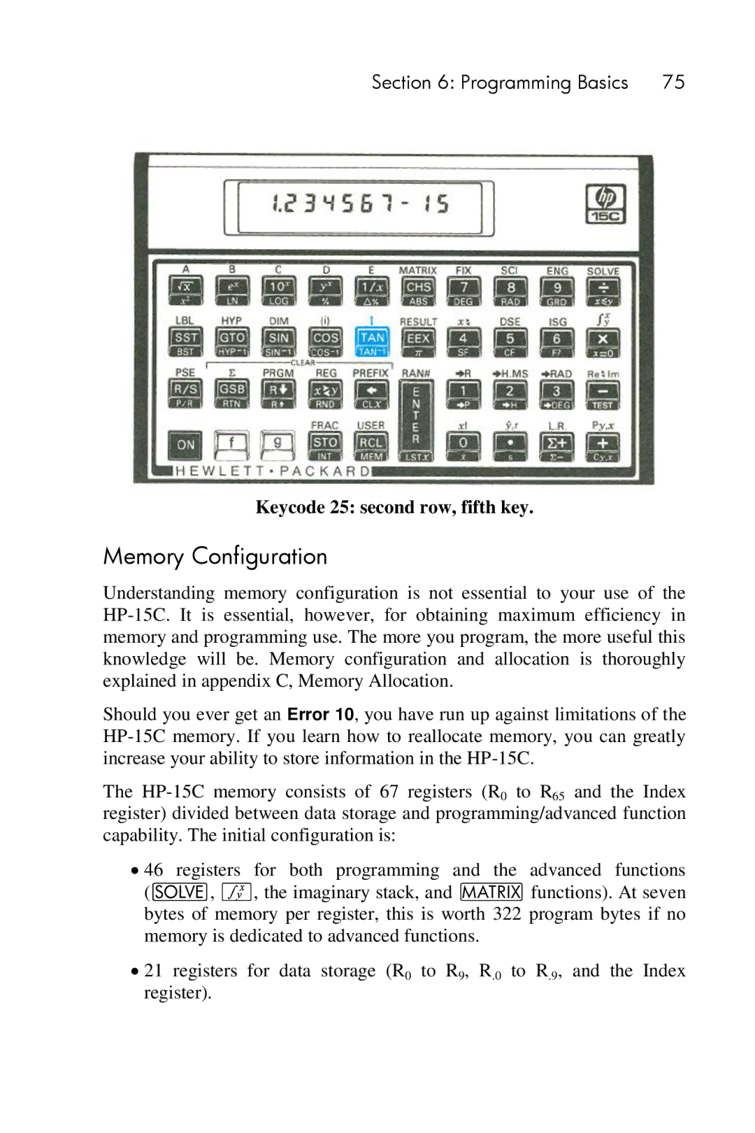 HP 15c Scientific manual Memory Configuration, Keycode 25 second row, fifth key 