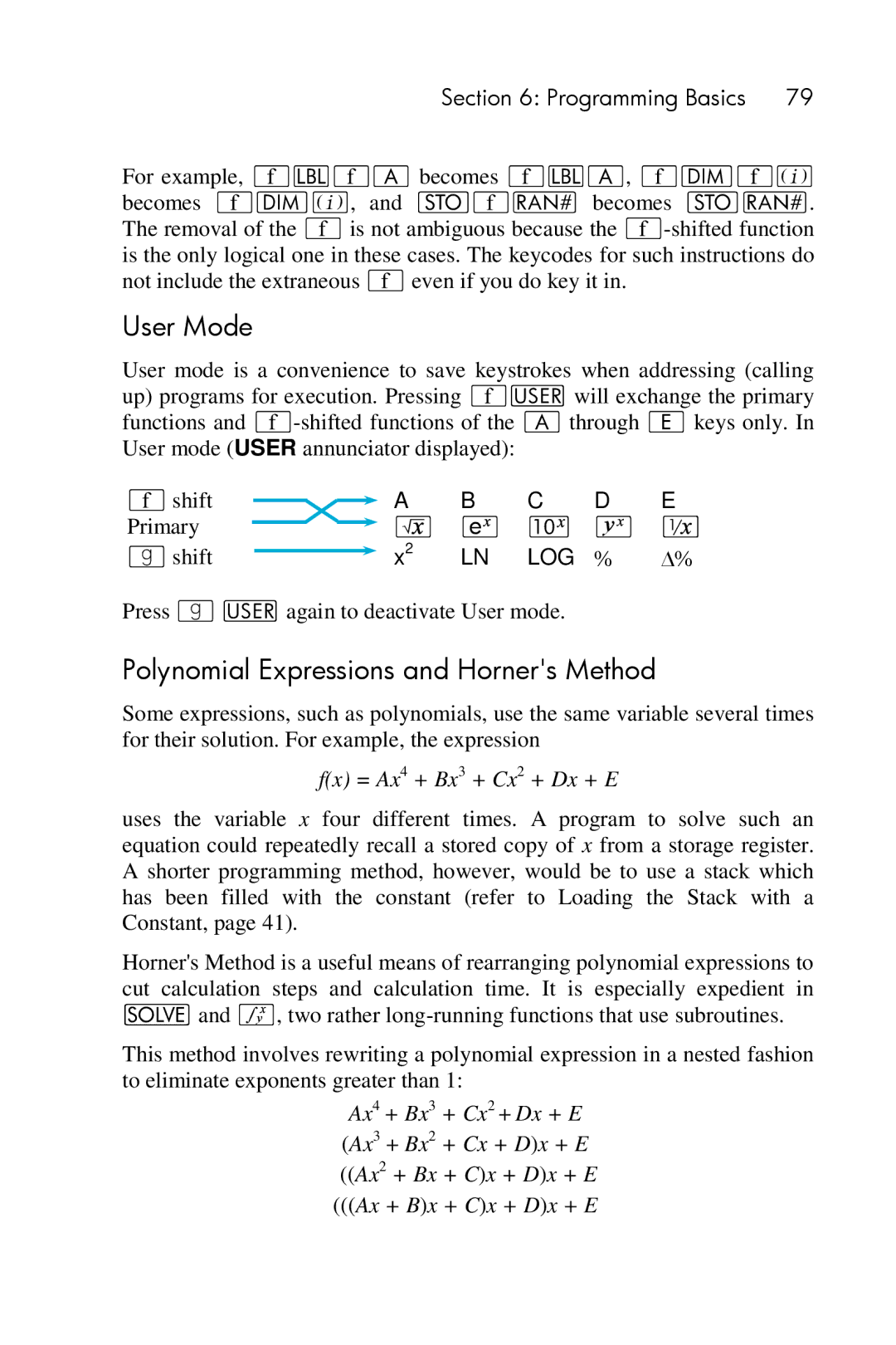 HP 15c Scientific manual User Mode, Polynomial Expressions and Horners Method, ¤ @ y ∕, Log % 