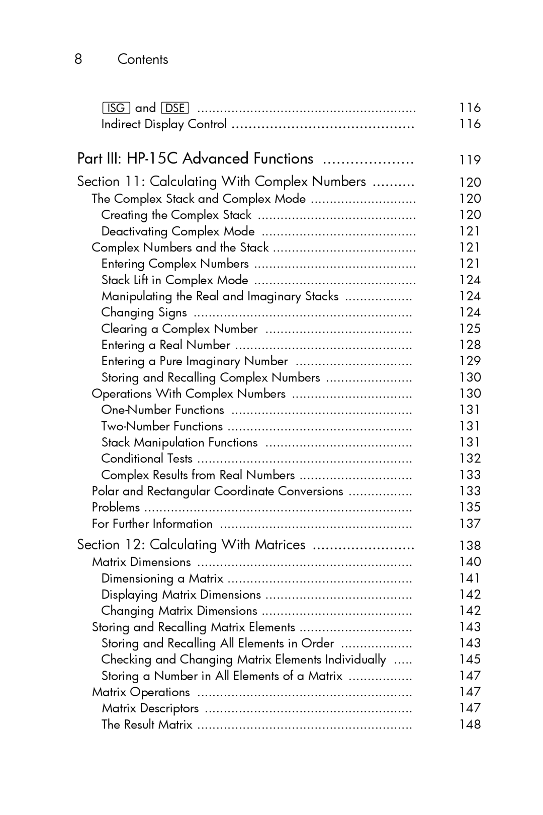 HP 15c Scientific manual Indirect Display Control, Calculating With Complex Numbers, Calculating With Matrices 