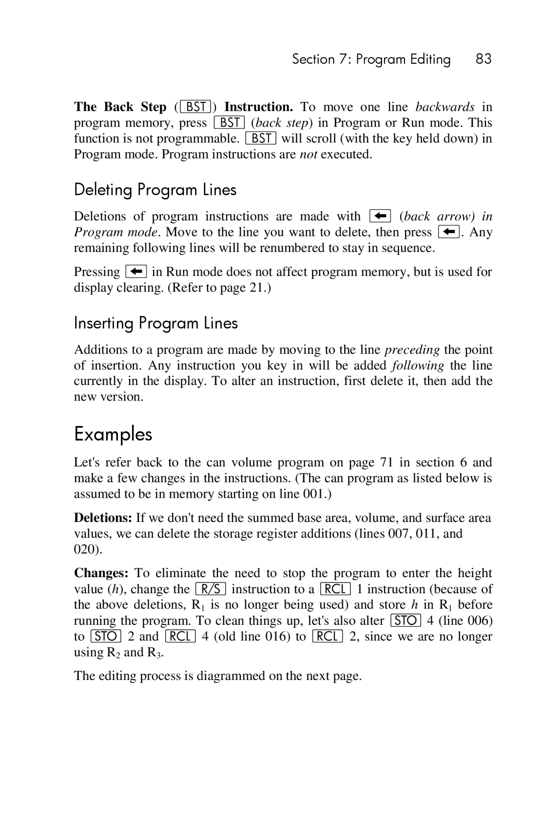 HP 15c Scientific manual Examples, Deleting Program Lines, Inserting Program Lines 