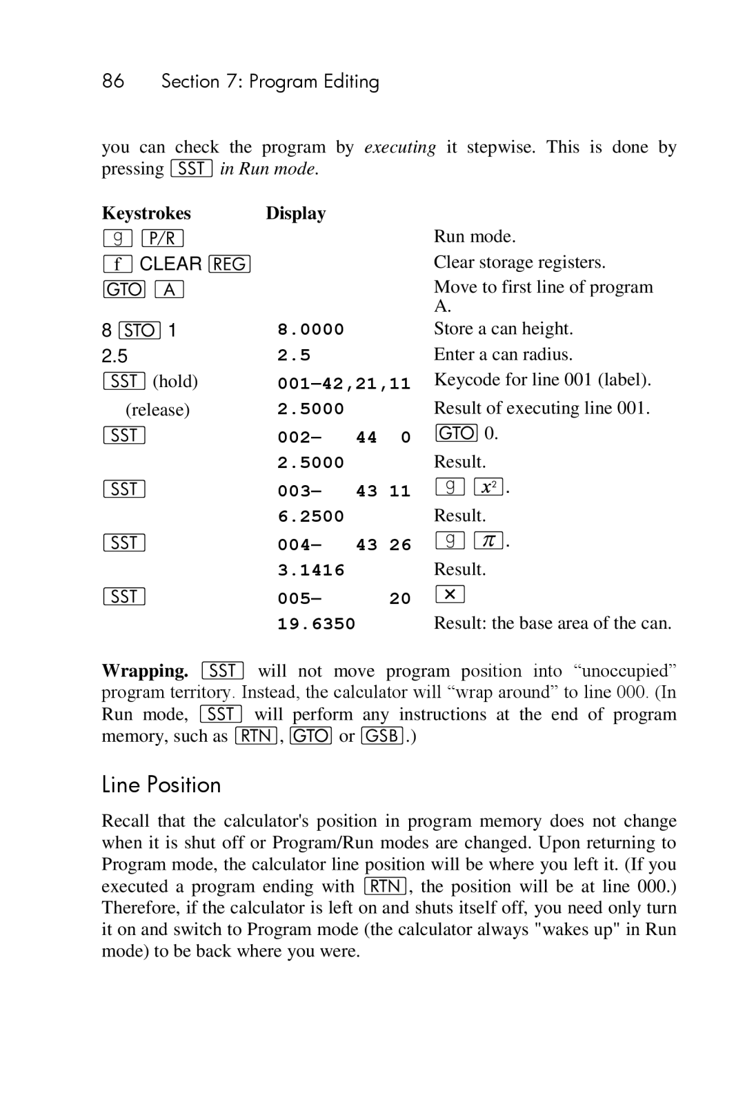 HP 15c Scientific manual Line Position, Âhold, Release, Result the base area of the can 