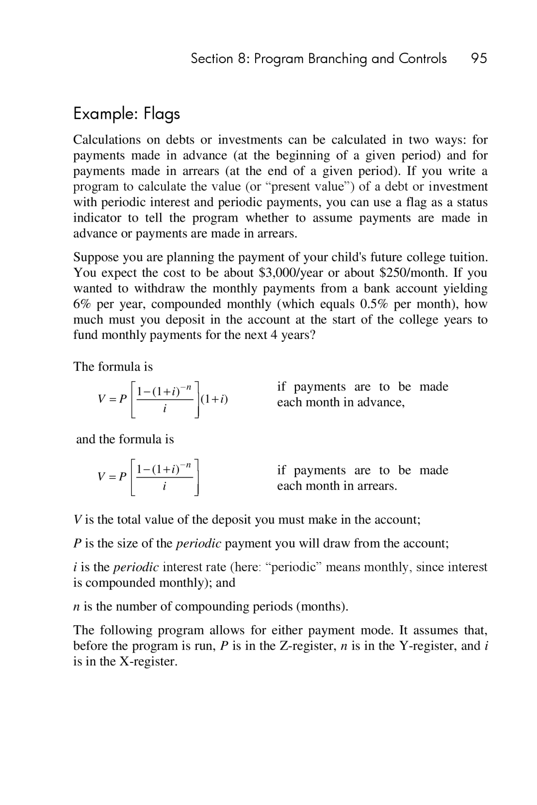 HP 15c Scientific manual Example Flags, Formula is 