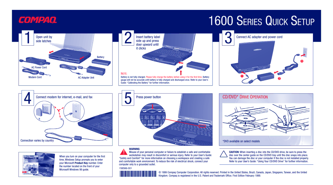 HP 1600-XL153 manual Series Quick Setup, CD/DVD* Drive Operation 