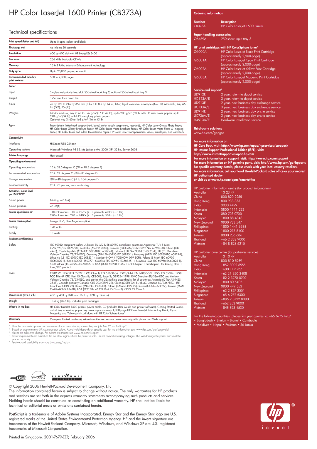 HP manual HP Color LaserJet 1600 Printer CB373A, Technical specifications 