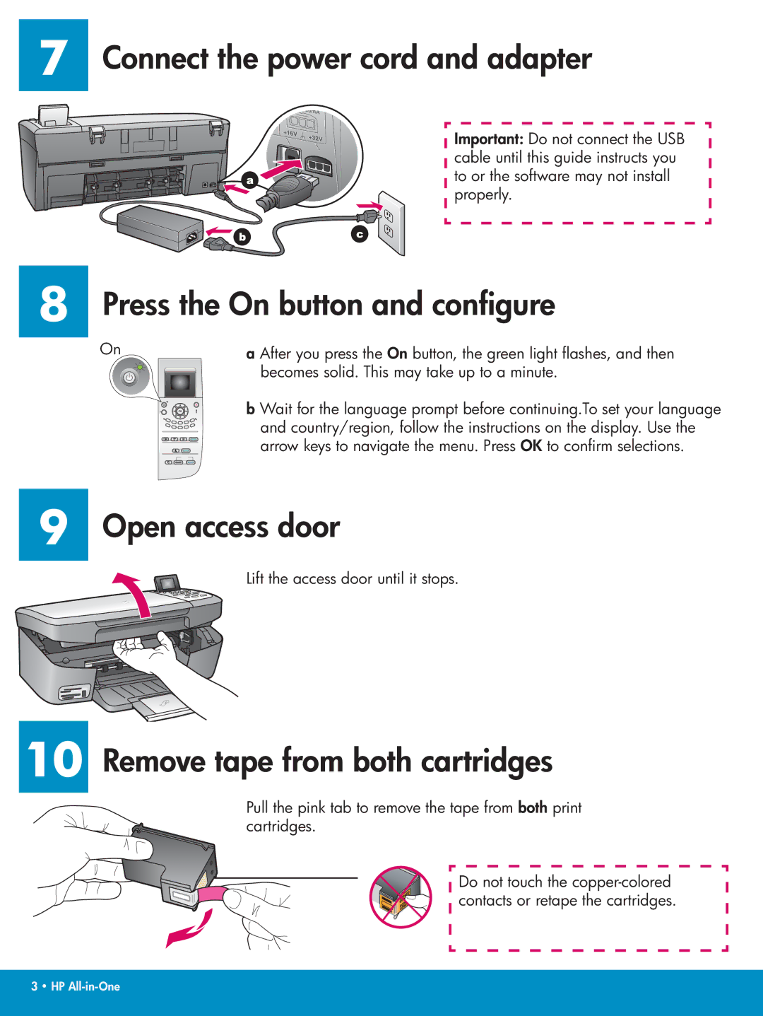 HP 1610xi, 1610v manual Connect the power cord and adapter, Press the On button and conﬁgure, Open access door 