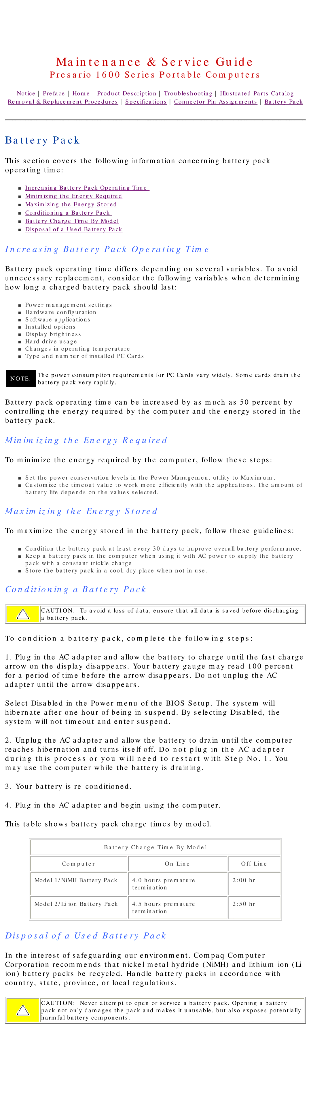 HP 1630 manual Battery Pack 