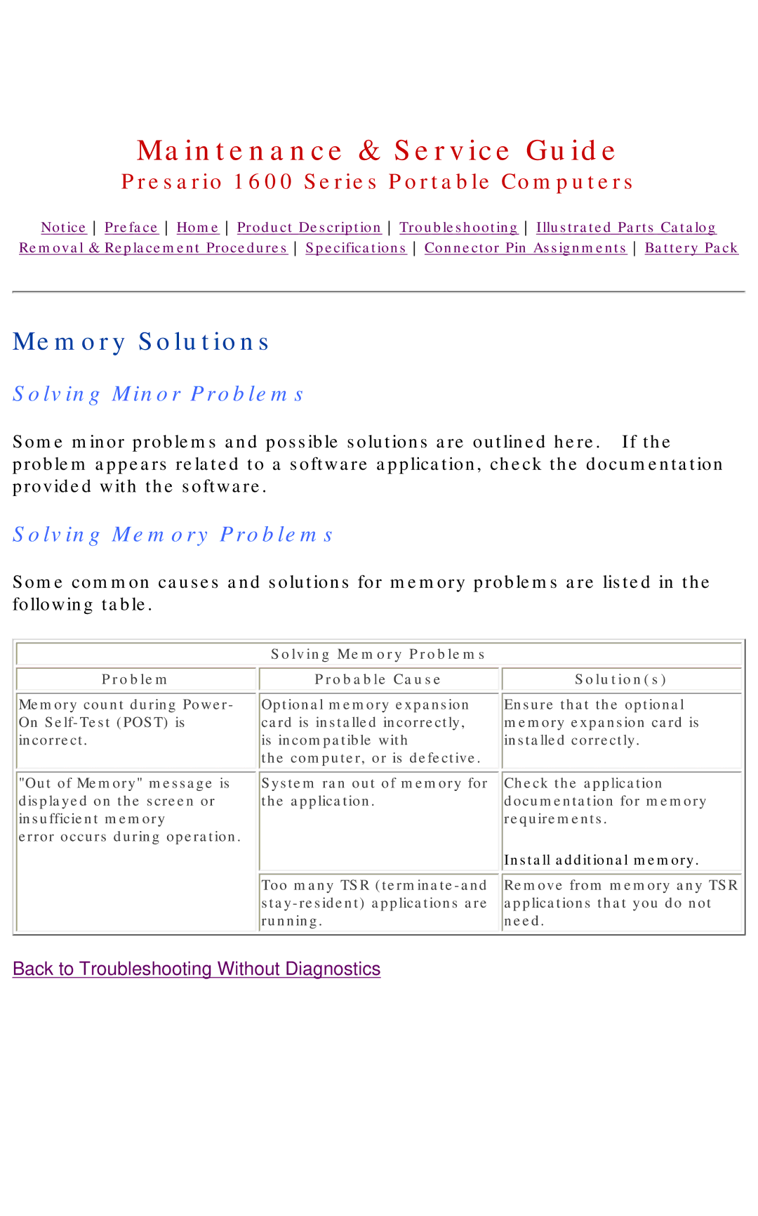 HP 1630 manual Memory Solutions, Problem Solving Memory Problems Probable Cause Solutions 