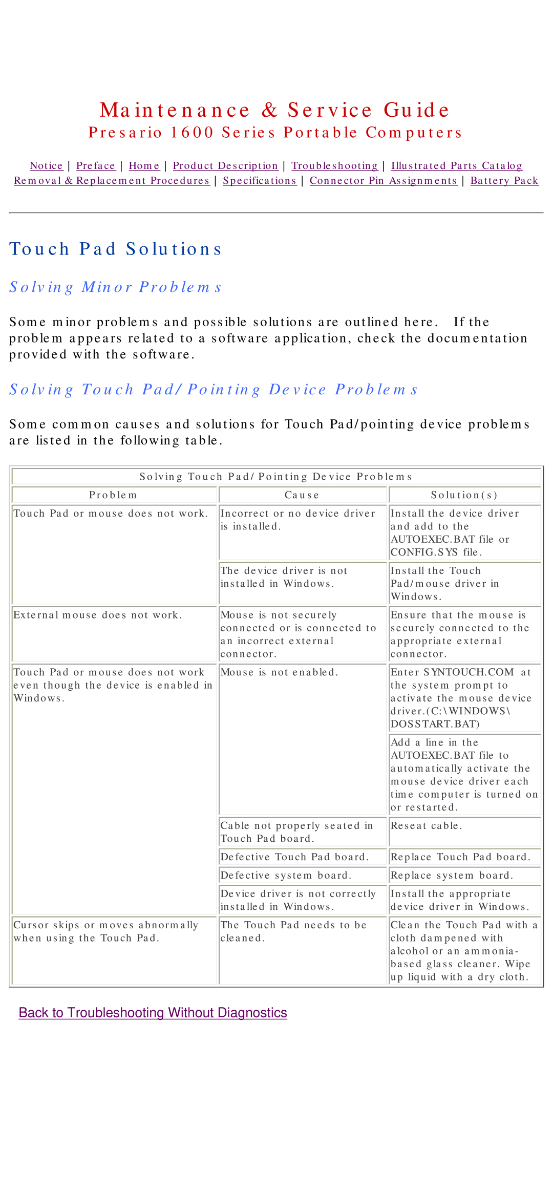 HP 1630 manual Touch Pad Solutions, Solving Touch Pad/Pointing Device Problems 