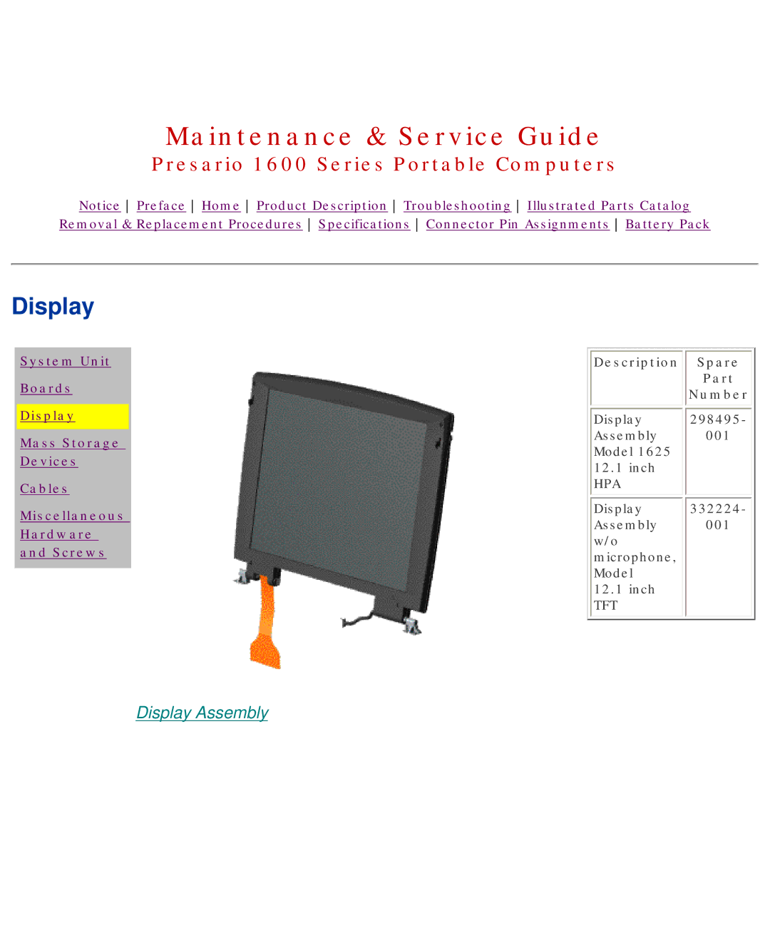 HP 1630 manual Display 