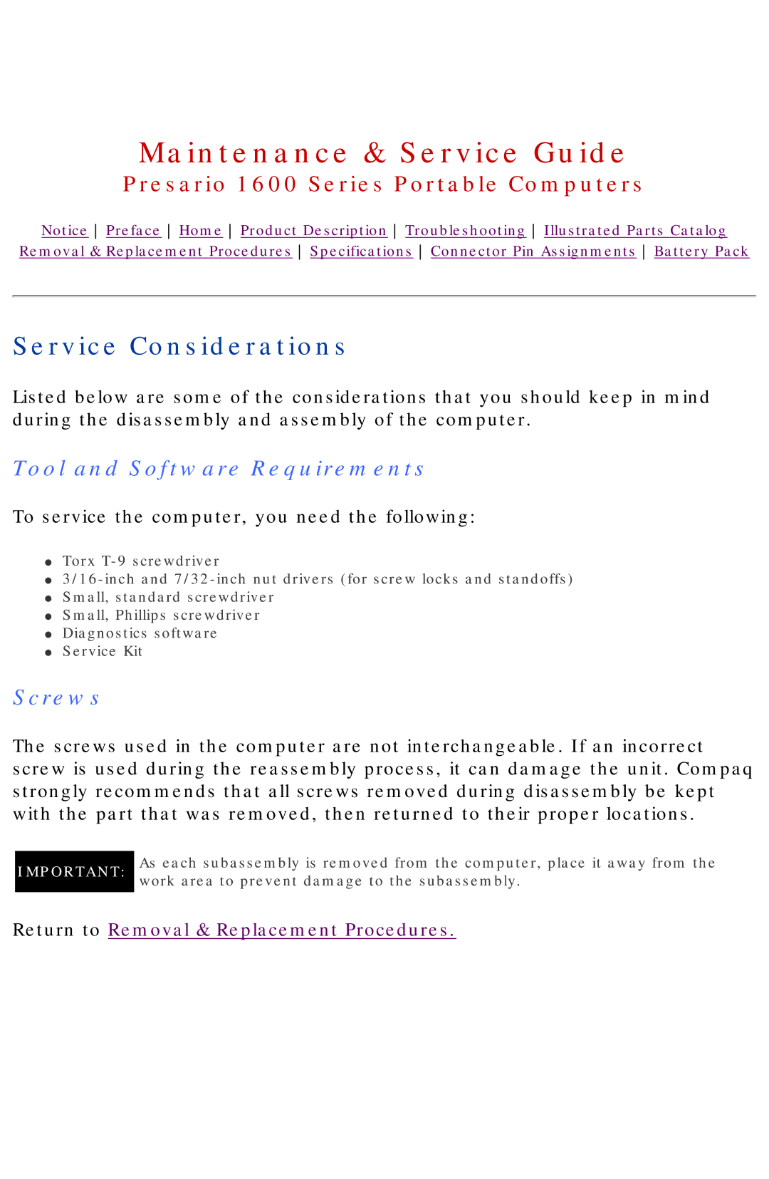 HP 1630 manual Service Considerations, Tool and Software Requirements, Screws 