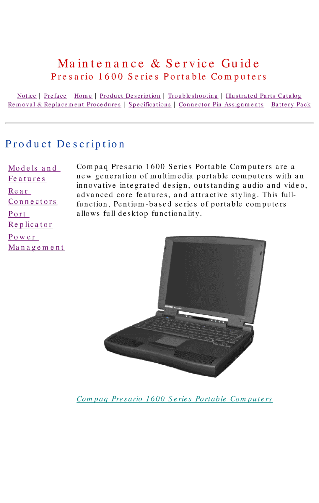 HP 1630 manual Product Description, Compaq Presario 1600 Series Portable Computers 