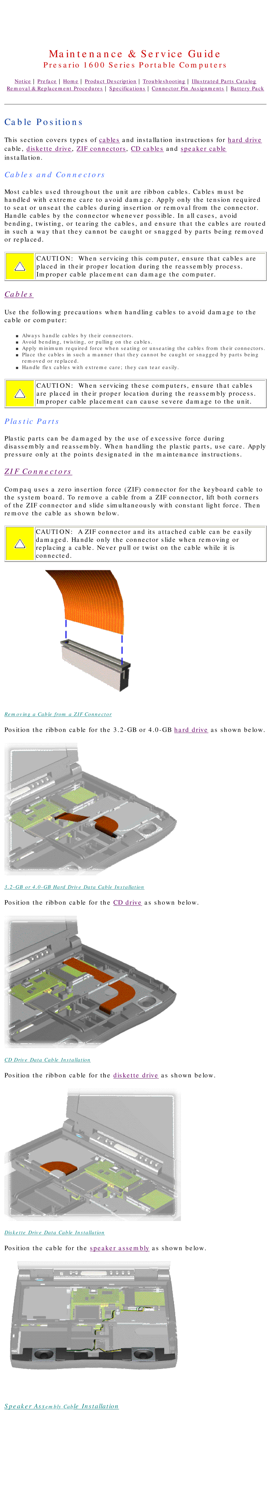 HP 1630 manual Cable Positions, Cables and Connectors, Plastic Parts, Speaker Assembly Cable Installation 