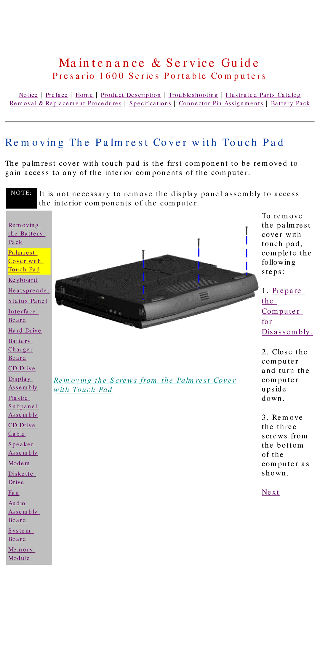 HP 1630 manual Removing The Palmrest Cover with Touch Pad, Removing the Screws from the Palmrest Cover with Touch Pad 
