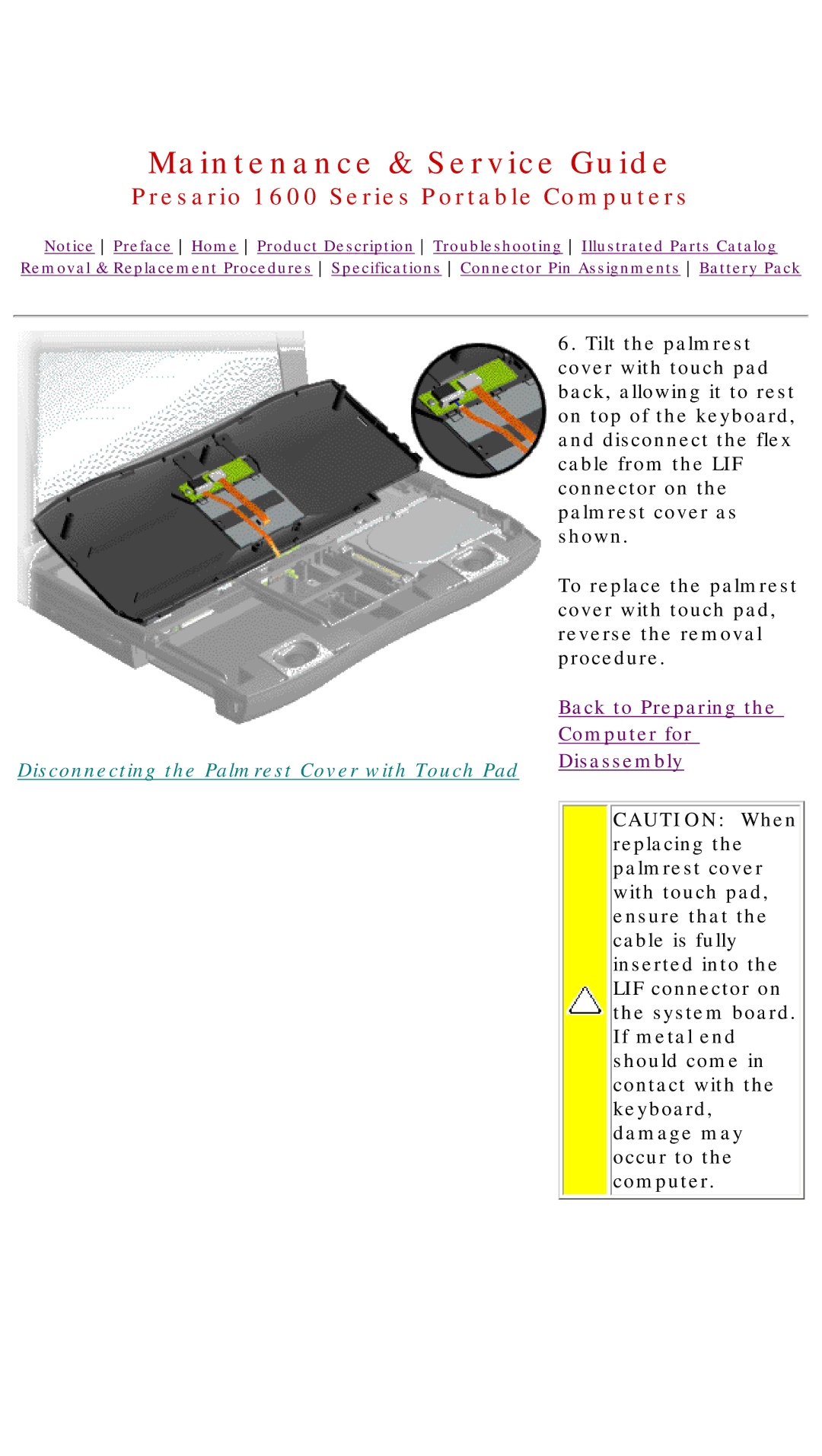 HP 1630 manual Disconnecting the Palmrest Cover with Touch Pad 