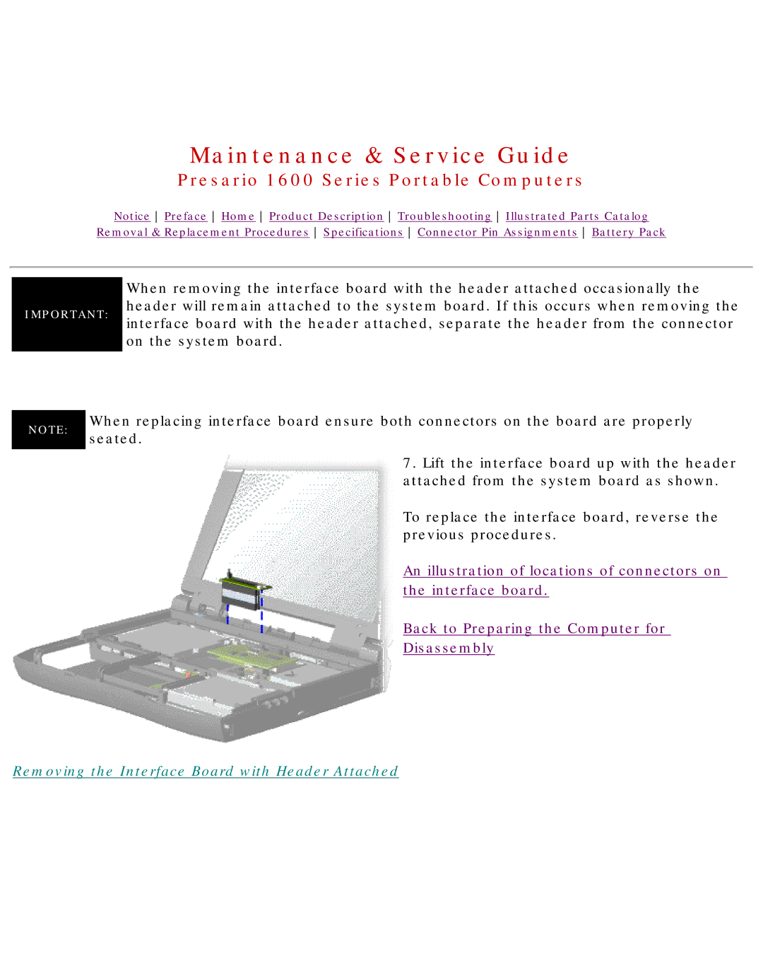 HP 1630 manual Removing the Interface Board with Header Attached 