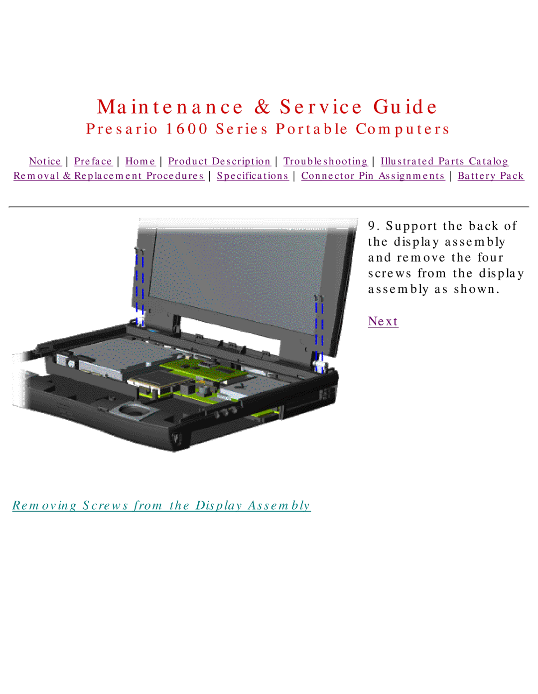 HP 1630 manual Removing Screws from the Display Assembly 