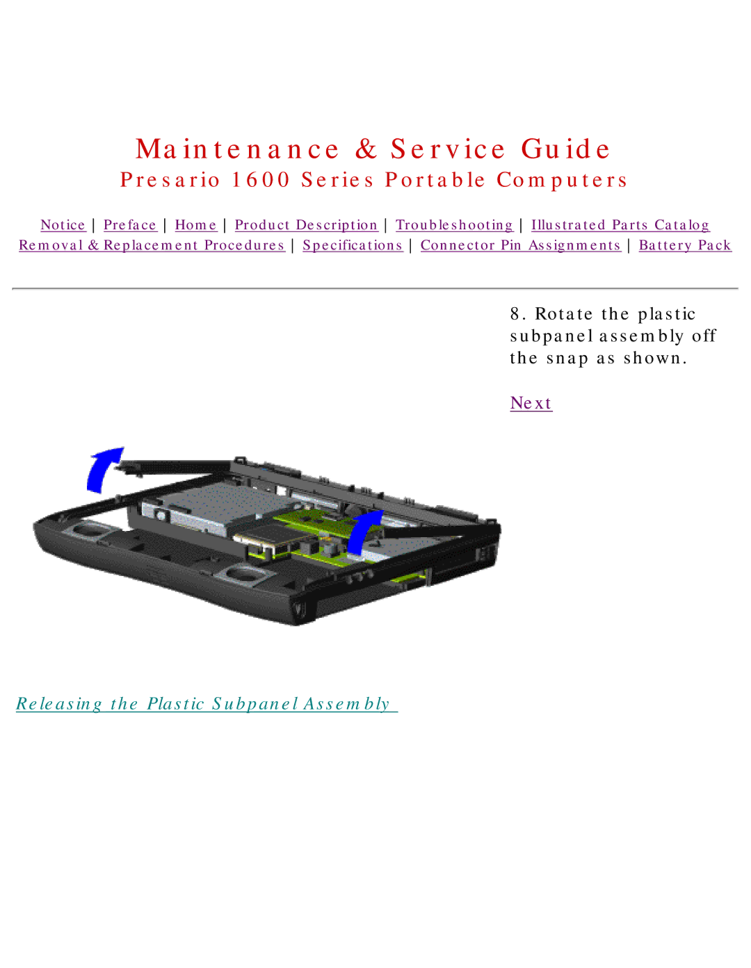 HP 1630 manual Releasing the Plastic Subpanel Assembly 