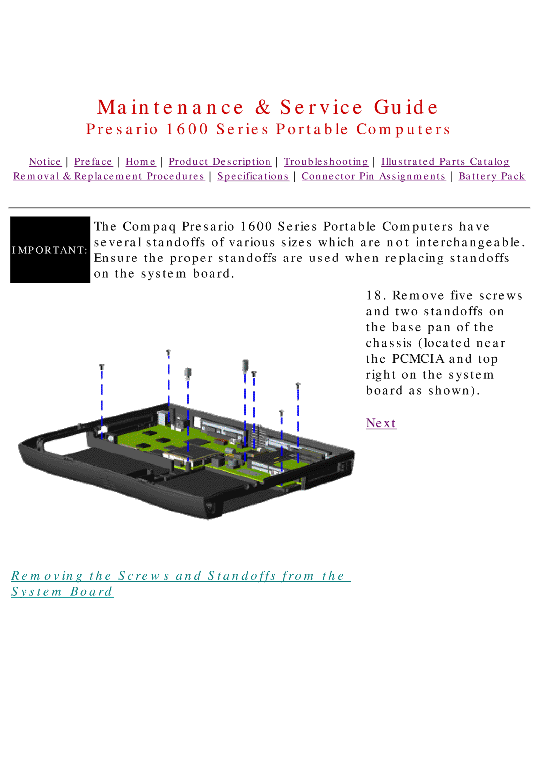 HP 1630 manual Removing the Screws and Standoffs from System Board 