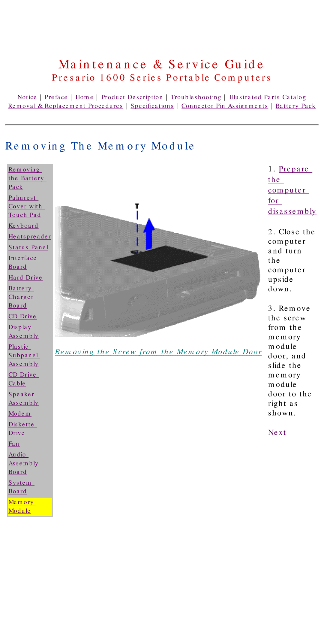 HP 1630 manual Removing The Memory Module, Removing the Screw from the Memory Module Door 