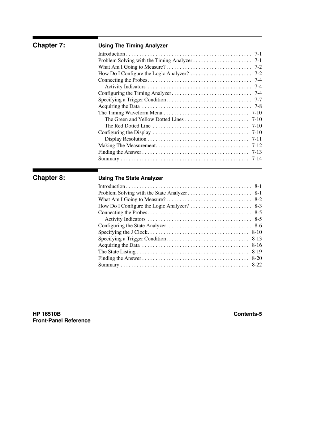 HP 16500A manual Using The Timing Analyzer, Using The State Analyzer, HP 16510B Contents-5 Front-Panel Reference 