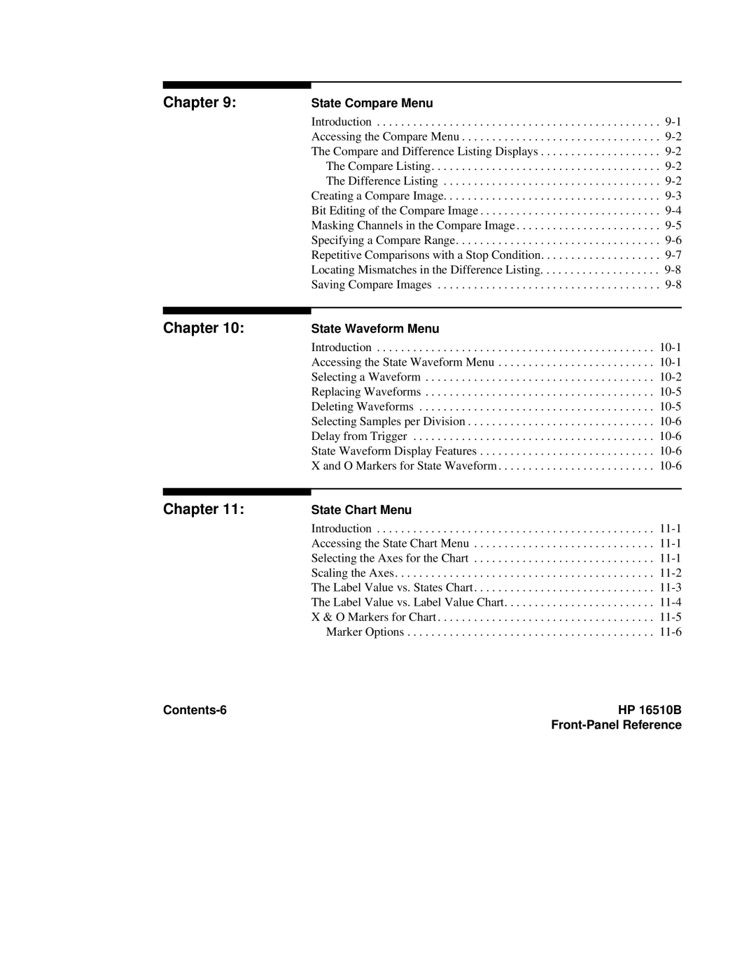 HP 16500A manual State Compare Menu, State Waveform Menu, State Chart Menu, Contents-6 HP 16510B 