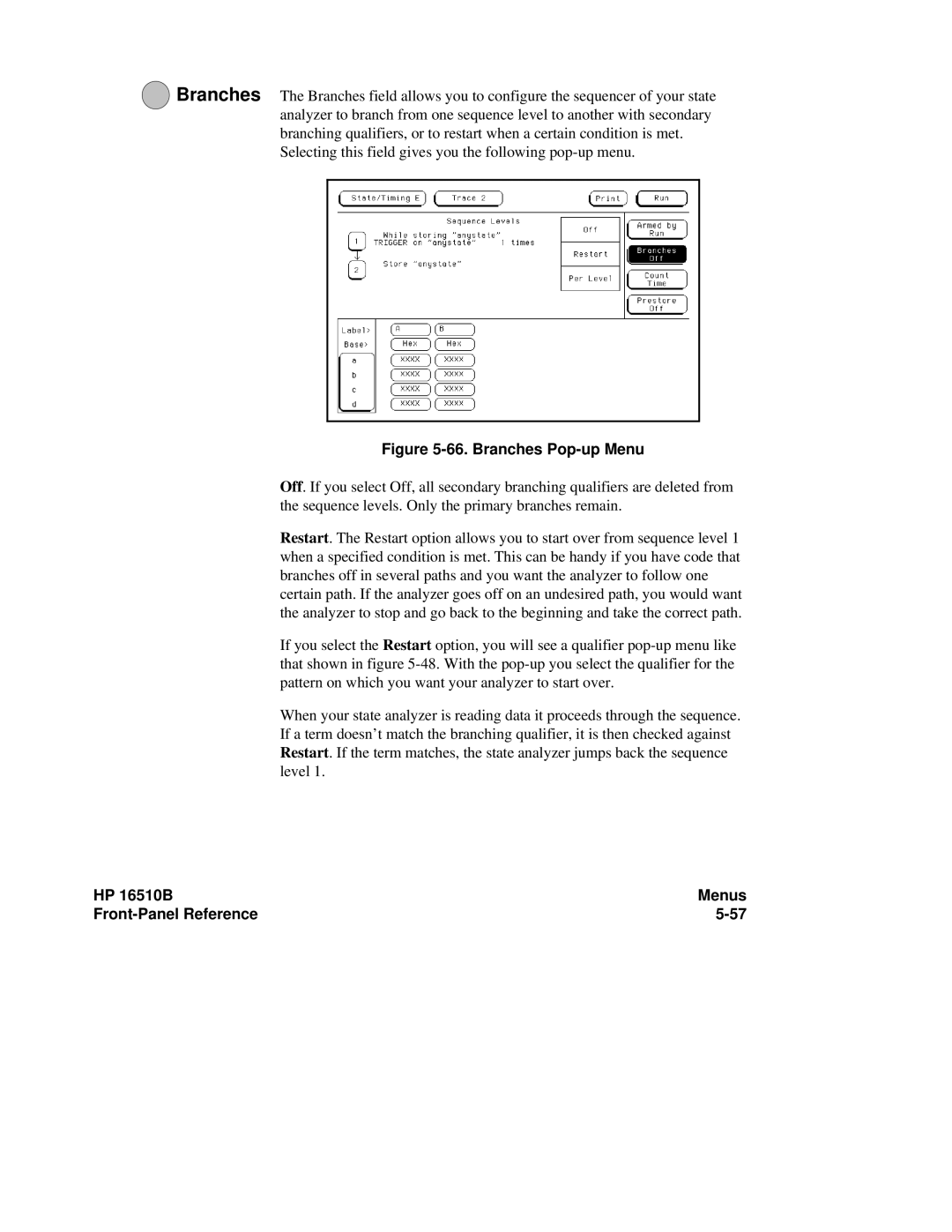 HP 16510B, 16500A manual Branches Pop-up Menu 