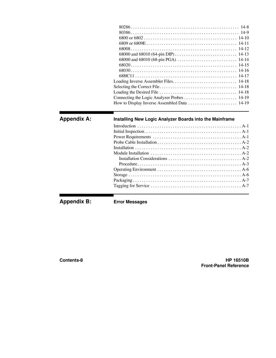 HP 16510B, 16500A manual Appendix a Appendix B, Installing New Logic Analyzer Boards into the Mainframe 